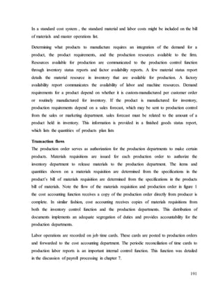 191
I
In
n a
a s
st
ta
an
nd
da
ar
rd
d c
co
os
st
t s
sy
ys
st
te
em
m ,
, t
th
he
e s
st
ta
an
nd
da
ar
rd
d m
ma
at
te
er
ri
ia
al
l a
an
nd
d l
la
ab
bo
or
r c
co
os
st
ts
s m
mi
ig
gh
ht
t b
be
e i
in
nc
cl
lu
ud
de
ed
d o
on
n t
th
he
e b
bi
il
ll
l
o
of
f m
ma
at
te
er
ri
ia
al
ls
s a
an
nd
d m
ma
as
st
te
er
r o
op
pe
er
ra
at
ti
io
on
ns
s l
li
is
st
t.
.
D
De
et
te
er
rm
mi
in
ni
in
ng
g w
wh
ha
at
t p
pr
ro
od
du
uc
ct
ts
s t
to
o m
ma
an
nu
uf
fa
ac
ct
tu
ur
re
e r
re
eq
qu
ui
ir
re
es
s a
an
n i
in
nt
te
eg
gr
ra
at
ti
io
on
n o
of
f t
th
he
e d
de
em
ma
an
nd
d f
fo
or
r a
a
p
pr
ro
od
du
uc
ct
t,
, t
th
he
e p
pr
ro
od
du
uc
ct
t r
re
eq
qu
ui
ir
re
em
me
en
nt
ts
s,
, a
an
nd
d t
th
he
e p
pr
ro
od
du
uc
ct
ti
io
on
n r
re
es
so
ou
ur
rc
ce
es
s a
av
va
ai
il
la
ab
bl
le
e t
to
o t
th
he
e f
fi
ir
rm
m.
.
R
Re
es
so
ou
ur
rc
ce
es
s a
av
va
ai
il
la
ab
bl
le
e f
fo
or
r p
pr
ro
od
du
uc
ct
ti
io
on
n a
ar
re
e c
co
om
mm
mu
un
ni
ic
ca
at
te
ed
d t
to
o t
th
he
e p
pr
ro
od
du
uc
ct
ti
io
on
n c
co
on
nt
tr
ro
ol
l f
fu
un
nc
ct
ti
io
on
n
t
th
hr
ro
ou
ug
gh
h i
in
nv
ve
en
nt
to
or
ry
y s
st
ta
at
tu
us
s r
re
ep
po
or
rt
ts
s a
an
nd
d f
fa
ac
ct
to
or
r a
av
va
ai
il
la
ab
bi
il
li
it
ty
y r
re
ep
po
or
rt
ts
s.
. A
A f
fe
ew
w m
ma
at
te
er
ri
ia
al
l s
st
ta
at
tu
us
s r
re
ep
po
or
rt
t
d
de
et
ta
ai
il
ls
s t
th
he
e m
ma
at
te
er
ri
ia
al
l r
re
es
so
ou
ur
rc
ce
e i
in
n i
in
nv
ve
en
nt
to
or
ry
y t
th
ha
at
t a
ar
re
e a
av
va
ai
il
la
ab
bl
le
e f
fo
or
r p
pr
ro
od
du
uc
ct
ti
io
on
n.
. A
A f
fa
ac
ct
to
or
ry
y
a
av
va
ai
il
la
ab
bi
il
li
it
ty
y r
re
ep
po
or
rt
t c
co
om
mm
mu
un
ni
ic
ca
at
te
es
s t
th
he
e a
av
va
ai
il
la
ab
bi
il
li
it
ty
y o
of
f l
la
ab
bo
or
r a
an
nd
d m
ma
ac
ch
hi
in
ne
e r
re
es
so
ou
ur
rc
ce
es
s.
. D
De
em
ma
an
nd
d
r
re
eq
qu
ui
ir
re
em
me
en
nt
ts
s f
fo
or
r a
a p
pr
ro
od
du
uc
ct
t d
de
ep
pe
en
nd
d o
on
n w
wh
he
et
th
he
er
r i
it
t i
is
s c
cu
us
st
to
om
m-
-m
ma
an
nu
uf
fa
ac
ct
tu
ur
re
ed
d p
pe
er
r c
cu
us
st
to
om
me
er
r o
or
rd
de
er
r
o
or
r r
ro
ou
ut
ti
in
ne
el
ly
y m
ma
an
nu
uf
fa
ac
ct
tu
ur
re
ed
d f
fo
or
r i
in
nv
ve
en
nt
to
or
ry
y.
. I
If
f t
th
he
e p
pr
ro
od
du
uc
ct
t i
is
s m
ma
an
nu
uf
fa
ac
ct
tu
ur
re
ed
d f
fo
or
r i
in
nv
ve
en
nt
to
or
ry
y,
,
p
pr
ro
od
du
uc
ct
ti
io
on
n r
re
eq
qu
ui
ir
re
em
me
en
nt
ts
s d
de
ep
pe
en
nd
d o
on
n a
a s
sa
al
le
es
s f
fo
or
re
ec
ca
as
st
t,
, w
wh
hi
ic
ch
h m
ma
ay
y b
be
e s
se
en
nt
t t
to
o p
pr
ro
od
du
uc
ct
ti
io
on
n c
co
on
nt
tr
ro
ol
l
f
fr
ro
om
m t
th
he
e s
sa
al
le
es
s o
or
r m
ma
ar
rk
ke
et
ti
in
ng
g d
de
ep
pa
ar
rt
tm
me
en
nt
t.
. s
sa
al
le
es
s f
fo
or
re
ec
ca
as
st
t m
mu
us
st
t b
be
e r
re
el
la
at
te
ed
d t
to
o t
th
he
e a
am
mo
ou
un
nt
t o
of
f a
a
p
pr
ro
od
du
uc
ct
t h
he
el
ld
d i
in
n i
in
nv
ve
en
nt
to
or
ry
y.
. T
Th
hi
is
s i
in
nf
fo
or
rm
ma
at
ti
io
on
n i
is
s p
pr
ro
ov
vi
id
de
ed
d i
in
n a
a f
fi
in
ni
is
sh
he
ed
d g
go
oo
od
ds
s s
st
ta
at
tu
us
s r
re
ep
po
or
rt
t,
,
w
wh
hi
ic
ch
h l
li
is
st
ts
s t
th
he
e q
qu
ua
an
nt
ti
it
ti
ie
es
s o
of
f p
pr
ro
od
du
uc
ct
ts
s p
pl
la
an
n l
li
is
st
ts
s
T
Tr
ra
an
ns
sa
ac
ct
ti
io
on
n f
fl
lo
ow
ws
s
T
Th
he
e p
pr
ro
od
du
uc
ct
ti
io
on
n o
or
rd
de
er
r s
se
er
rv
ve
es
s a
as
s a
au
ut
th
ho
or
ri
iz
za
at
ti
io
on
n f
fo
or
r t
th
he
e p
pr
ro
od
du
uc
ct
ti
io
on
n d
de
ep
pa
ar
rt
tm
me
en
nt
ts
s t
to
o m
ma
ak
ke
e c
ce
er
rt
ta
ai
in
n
p
pr
ro
od
du
uc
ct
ts
s.
. M
Ma
at
te
er
ri
ia
al
ls
s r
re
eq
qu
ui
is
si
it
ti
io
on
ns
s a
ar
re
e i
is
ss
su
ue
ed
d f
fo
or
r e
ea
ac
ch
h p
pr
ro
od
du
uc
ct
ti
io
on
n o
or
rd
de
er
r t
to
o a
au
ut
th
ho
or
ri
iz
ze
e t
th
he
e
i
in
nv
ve
en
nt
to
or
ry
y d
de
ep
pa
ar
rt
tm
me
en
nt
t t
to
o r
re
el
le
ea
as
se
e m
ma
at
te
er
ri
ia
al
ls
s t
to
o t
th
he
e p
pr
ro
od
du
uc
ct
ti
io
on
n d
de
ep
pa
ar
rt
tm
me
en
nt
t.
. T
Th
he
e i
it
te
em
ms
s a
an
nd
d
q
qu
ua
an
nt
ti
it
ti
ie
es
s s
sh
ho
ow
wn
n o
on
n a
a m
ma
at
te
er
ri
ia
al
ls
s r
re
eq
qu
ui
is
si
it
ti
io
on
n a
ar
re
e d
de
et
te
er
rm
mi
in
ne
ed
d f
fr
ro
om
m t
th
he
e s
sp
pe
ec
ci
if
fi
ic
ca
at
ti
io
on
ns
s i
in
n t
th
he
e
p
pr
ro
od
du
uc
ct
t’
’s
s b
bi
il
ll
l o
of
f m
ma
at
te
er
ri
ia
al
ls
s r
re
eq
qu
ui
is
si
it
ti
io
on
n a
ar
re
e d
de
et
te
er
rm
mi
in
ne
ed
d f
fr
ro
om
m t
th
he
e s
sp
pe
ec
ci
if
fi
ic
ca
at
ti
io
on
ns
s i
in
n t
th
he
e p
pr
ro
od
du
uc
ct
ts
s
b
bi
il
ll
l o
of
f m
ma
at
te
er
ri
ia
al
ls
s.
. N
No
ot
te
e t
th
he
e f
fl
lo
ow
w o
of
f t
th
he
e m
ma
at
te
er
ri
ia
al
ls
s r
re
eq
qu
ui
is
si
it
ti
io
on
n a
an
nd
d p
pr
ro
od
du
uc
ct
ti
io
on
n o
or
rd
de
er
r i
in
n f
fi
ig
gu
ur
re
e 1
1
t
th
he
e c
co
os
st
t a
ac
cc
co
ou
un
nt
ti
in
ng
g f
fu
un
nc
ct
ti
io
on
n r
re
ec
ce
ei
iv
ve
es
s a
a c
co
op
py
y o
of
f t
th
he
e p
pr
ro
od
du
uc
ct
ti
io
on
n o
or
rd
de
er
r d
di
ir
re
ec
ct
tl
ly
y f
fr
ro
om
m p
pr
ro
od
du
uc
ce
er
r i
is
s
c
co
om
mp
pl
le
et
te
e.
. I
In
n s
si
im
mi
il
la
ar
r f
fa
as
sh
hi
io
on
n,
, c
co
os
st
t a
ac
cc
co
ou
un
nt
ti
in
ng
g r
re
ec
ce
ei
iv
ve
es
s c
co
op
pi
ie
es
s o
of
f m
ma
at
te
er
ri
ia
al
ls
s r
re
eq
qu
ui
is
si
it
ti
io
on
ns
s f
fr
ro
om
m
b
bo
ot
th
h t
th
he
e i
in
nv
ve
en
nt
to
or
ry
y c
co
on
nt
tr
ro
ol
l f
fu
un
nc
ct
ti
io
on
n a
an
nd
d t
th
he
e p
pr
ro
od
du
uc
ct
ti
io
on
n d
de
ep
pa
ar
rt
tm
me
en
nt
ts
s.
. T
Th
hi
is
s d
di
is
st
tr
ri
ib
bu
ut
ti
io
on
n o
of
f
d
do
oc
cu
um
me
en
nt
ts
s i
im
mp
pl
le
em
me
en
nt
ts
s a
an
n a
ad
de
eq
qu
ua
at
te
e s
se
eg
gr
re
eg
ga
at
ti
io
on
n o
of
f d
du
ut
ti
ie
es
s a
an
nd
d p
pr
ro
ov
vi
id
de
es
s a
ac
cc
co
ou
un
nt
ta
ab
bi
il
li
it
ty
y f
fo
or
r t
th
he
e
p
pr
ro
od
du
uc
ct
ti
io
on
n d
de
ep
pa
ar
rt
tm
me
en
nt
ts
s.
.
L
La
ab
bo
or
r o
op
pe
er
ra
at
ti
io
on
ns
s a
ar
re
e r
re
ec
co
or
rd
de
ed
d o
on
n j
jo
ob
b t
ti
im
me
e c
ca
ar
rd
ds
s.
. T
Th
he
es
se
e c
ca
ar
rd
ds
s a
ar
re
e p
po
os
st
te
ed
d t
to
o p
pr
ro
od
du
uc
ct
ti
io
on
n o
or
rd
de
er
rs
s
a
an
nd
d f
fo
or
rw
wa
ar
rd
de
ed
d t
to
o t
th
he
e c
co
os
st
t a
ac
cc
co
ou
un
nt
ti
in
ng
g d
de
ep
pa
ar
rt
tm
me
en
nt
t.
. T
Th
he
e p
pe
er
ri
io
od
di
ic
c r
re
ec
co
on
nc
ci
il
li
ia
at
ti
io
on
n o
of
f t
ti
im
me
e c
ca
ar
rd
ds
s t
to
o
p
pr
ro
od
du
uc
ct
ti
io
on
n l
la
ab
bo
or
r r
re
ep
po
or
rt
ts
s i
is
s a
an
n i
im
mp
po
or
rt
ta
an
nt
t i
in
nt
te
er
rn
na
al
l c
co
on
nt
tr
ro
ol
l f
fu
un
nc
ct
ti
io
on
n.
. T
Th
hi
is
s f
fu
un
nc
ct
ti
io
on
n w
wa
as
s d
de
et
ta
ai
il
le
ed
d
i
in
n t
th
he
e d
di
is
sc
cu
us
ss
si
io
on
n o
of
f p
pa
ay
yr
ro
ol
ll
l p
pr
ro
oc
ce
es
ss
si
in
ng
g i
in
n c
ch
ha
ap
pt
te
er
r 7
7.
.
 