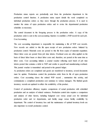 192
P
Pr
ro
od
du
uc
ct
ti
io
on
n s
st
ta
at
tu
us
s r
re
ep
po
or
rt
ts
s a
ar
re
e p
pe
er
ri
io
od
di
ic
ca
al
ll
ly
y s
se
en
nt
t f
fr
ro
om
m t
th
he
e p
pr
ro
od
du
uc
ct
ti
io
on
n d
de
ep
pa
ar
rt
tm
me
en
nt
t t
to
o t
th
he
e
p
pr
ro
od
du
uc
ct
ti
io
on
n c
co
on
nt
tr
ro
ol
l f
fu
un
nc
ct
ti
io
on
n.
. A
A p
pr
ro
od
du
uc
ct
ti
io
on
n s
st
ta
at
tu
us
s r
re
ep
po
or
rt
t d
de
et
ta
ai
il
ls
s t
th
he
e w
wo
or
rk
k c
co
om
mp
pl
le
et
te
ed
d o
on
n
i
in
nd
di
iv
vi
id
du
ua
al
l p
pr
ro
od
du
uc
ct
ti
io
on
n o
or
rd
de
er
rs
s a
as
s t
th
he
ey
y m
mo
ov
ve
e t
th
hr
ro
ou
ug
gh
h t
th
he
e p
pr
ro
od
du
uc
ct
ti
io
on
n p
pr
ro
oc
ce
es
ss
s.
. I
It
t i
is
s u
us
se
ed
d t
to
o
m
mo
on
ni
it
to
or
r t
th
he
e s
st
ta
at
tu
us
s o
of
f o
op
pe
en
n p
pr
ro
od
du
uc
ct
ti
io
on
n o
or
rd
de
er
rs
s a
an
nd
d t
to
o r
re
ev
vi
is
se
e t
th
he
e d
de
ep
pa
ar
rt
tm
me
en
nt
ta
al
l p
pr
ro
od
du
uc
ct
ti
io
on
n
s
sc
ch
he
ed
du
ul
le
es
s a
as
s n
ne
ec
ce
es
ss
sa
ar
ry
y.
.
T
Th
he
e c
ce
en
nt
tr
ra
al
l d
do
oc
cu
um
me
en
nt
t i
in
n t
th
he
e f
fo
or
re
eg
go
oi
in
ng
g p
pr
ro
oc
ce
es
ss
s i
is
s t
th
he
e p
pr
ro
od
du
uc
ct
ti
io
on
n o
or
rd
de
er
r.
. A
A c
co
op
py
y o
of
f t
th
he
e
p
pr
ro
od
du
uc
ct
ti
io
on
n o
or
rd
de
er
r i
is
s s
se
en
nt
t t
to
o t
th
he
e c
co
os
st
t a
ac
cc
co
ou
un
nt
ti
in
ng
g f
fu
un
nc
ct
ti
io
on
n t
to
o e
es
st
ta
ab
bl
li
is
sh
h a
a W
WI
IP
P r
re
ec
co
or
rd
d f
fo
or
r e
ea
ac
ch
h j
jo
ob
b.
.
C
Co
os
st
t A
Ac
cc
co
ou
un
nt
ti
in
ng
g
T
Th
he
e c
co
os
st
t a
ac
cc
co
ou
un
nt
ti
in
ng
g d
de
ep
pa
ar
rt
tm
me
en
nt
t i
is
s r
re
es
sp
po
on
ns
si
ib
bl
le
e f
fo
or
r m
ma
ai
in
nt
ta
ai
in
ni
in
ng
g a
a f
fi
il
le
e o
of
f W
WI
IP
P c
co
os
st
t r
re
ec
co
or
rd
ds
s.
.
N
Ne
ew
w r
re
ec
co
or
rd
ds
s a
ar
re
e a
ad
dd
de
ed
d t
to
o t
th
hi
is
s f
fi
il
le
e u
up
po
on
n r
re
ec
ce
ei
ip
pt
t o
of
f n
ne
ew
w p
pr
ro
od
du
uc
ct
ti
io
on
n o
or
rd
de
er
rs
s.
. I
In
ni
it
ti
ia
at
te
ed
d b
by
y
p
pr
ro
od
du
uc
ct
ti
io
on
n c
co
on
nt
tr
ro
ol
l.
. M
Ma
at
te
er
ri
ia
al
ls
s c
co
os
st
ts
s a
ar
re
e p
po
os
st
te
ed
d t
to
o t
th
hi
is
s f
fi
il
le
e f
fr
ro
om
m c
co
op
pi
ie
es
s o
of
f m
ma
at
te
er
ri
ia
al
ls
s r
re
eq
qu
ui
is
si
it
ti
io
on
n.
.
D
Di
ir
re
ec
ct
t l
la
ab
bo
or
r c
co
os
st
ts
s a
ar
re
e p
po
os
st
te
ed
d f
fr
ro
om
m j
jo
ob
b t
ti
im
me
e t
ti
ic
ck
ke
et
ts
s.
. O
Ov
ve
er
rh
he
ea
ad
d c
co
os
st
ts
s a
ar
re
e o
of
ft
te
en
n a
ap
pp
pl
li
ie
ed
d o
on
n t
th
he
e
b
ba
as
si
is
s o
of
f d
di
ir
re
ec
ct
t l
la
ab
bo
or
r h
ho
ou
ur
rs
s o
or
r d
di
ir
re
ec
ct
t l
la
ab
bo
or
r c
co
os
st
ts
s a
an
nd
d,
, t
th
he
er
re
ef
fo
or
re
e,
, a
ar
re
e p
po
os
st
te
ed
d a
at
t t
th
he
e s
sa
am
me
e t
ti
im
me
e a
as
s
l
la
ab
bo
or
r c
co
os
st
ts
s.
. C
Co
os
st
t a
ac
cc
co
ou
un
nt
ti
in
ng
g i
in
ni
it
ti
ia
at
te
es
s a
a j
jo
ou
ur
rn
na
al
l v
vo
ou
uc
ch
he
er
r r
re
ef
fl
le
ec
ct
ti
in
ng
g e
ea
ac
ch
h b
ba
at
tc
ch
h o
of
f j
jo
ob
b t
ti
im
me
e
t
ti
ic
ck
ke
et
ts
s p
po
os
st
te
ed
d t
th
ha
at
t c
co
on
nt
ta
ai
in
ns
s a
a d
de
eb
bi
it
t t
to
o W
WI
IP
P a
an
nd
d c
cr
re
ed
di
it
ts
s t
to
o p
pa
ay
yr
ro
ol
ll
l a
an
nd
d m
ma
an
nu
uf
fa
ac
ct
tu
ur
ri
in
ng
g o
ov
ve
er
rh
he
ea
ad
d.
.
T
Th
hi
is
s j
jo
ou
ur
rn
na
al
l v
vo
ou
uc
ch
he
er
r i
is
s t
tr
ra
an
ns
sm
mi
it
tt
te
ed
d a
an
nd
d p
po
os
st
te
ed
d t
to
o t
th
he
e g
ge
en
ne
er
ra
al
l l
le
ed
dg
ge
er
r.
.
A
As
s p
pr
ro
od
du
uc
ct
ti
io
on
n o
or
rd
de
er
rs
s a
ar
re
e c
co
om
mp
pl
le
et
te
ed
d a
an
nd
d g
go
oo
od
ds
s a
ar
re
e t
tr
ra
an
ns
sf
fe
er
rr
re
ed
d t
to
o i
in
nv
ve
en
nt
to
or
ry
y,
, s
se
ev
ve
er
ra
al
l d
do
oc
cu
um
me
en
nt
ts
s
m
mu
us
st
t b
be
e u
up
pd
da
at
te
e.
. P
Pr
ro
od
du
uc
ct
ti
io
on
ns
s c
co
on
nt
tr
ro
ol
l t
th
he
e p
pr
ro
od
du
uc
ct
ti
io
on
n o
or
rd
de
er
r f
fr
ro
om
m i
it
ts
s f
fi
il
le
e o
of
f o
op
pe
en
n p
pr
ro
od
du
uc
ct
ti
io
on
n
o
or
rd
de
er
rs
s.
. C
Co
os
st
t a
ac
cc
co
ou
un
nt
ti
in
ng
g c
cl
lo
os
se
es
s t
th
he
e r
re
el
la
at
te
ed
d W
WI
IP
P r
re
ec
co
or
rd
d ,
, s
su
um
mm
ma
ar
ri
iz
ze
es
s t
th
hi
is
s a
ac
ct
ti
iv
vi
it
ty
y,
, a
an
nd
d
c
co
om
mm
mu
un
ni
ic
ca
at
te
es
s a
a c
co
om
mp
pl
le
et
te
ed
d p
pr
ro
od
du
uc
ct
ti
io
on
n c
co
os
st
t s
su
um
mm
ma
ar
ry
y t
to
o v
va
ar
ri
io
ou
us
s m
ma
an
na
ag
ge
er
rs
s.
. T
Th
he
e f
fi
in
ni
is
sh
he
ed
d g
go
oo
od
ds
s
i
in
nv
ve
en
nt
to
or
ry
y r
re
ec
co
or
rd
ds
s a
ar
re
e u
up
pd
da
at
te
ed
d t
to
o r
re
ef
fl
le
ec
ct
t t
th
he
e a
av
va
ai
il
la
ab
bi
il
li
it
ty
y o
of
f t
th
he
e p
pr
ro
od
du
uc
ct
t.
.
C
Co
on
nt
tr
ro
ol
l o
of
f p
pr
ro
od
du
uc
ct
ti
io
on
n e
ef
ff
fi
ic
ci
ie
en
nc
cy
y r
re
eq
qu
ui
ir
re
es
s c
co
om
mp
pa
ar
ri
is
so
on
ns
s o
of
f a
ac
ct
tu
ua
al
l p
pr
ro
od
du
uc
ct
ti
io
on
n w
wi
it
th
h s
sc
ch
he
ed
du
ul
le
ed
d
p
pr
ro
od
du
uc
ct
ti
io
on
n a
an
nd
d a
an
n a
an
na
al
ly
ys
si
is
s o
of
f r
re
el
la
at
te
ed
d v
va
ar
ri
ia
an
nc
ce
es
s.
. P
Pr
ro
od
du
uc
ct
ti
io
on
n c
co
on
nt
tr
ro
ol
l a
al
ls
so
o r
re
eq
qu
ui
ir
re
es
s a
a c
co
om
mp
pa
ar
ri
is
so
on
n
a
an
nd
d a
an
na
al
ly
ys
si
is
s o
of
f o
ot
th
he
er
r f
fa
ac
ct
to
or
rs
s,
, i
in
nc
cl
lu
ud
di
in
ng
g b
bu
ud
dg
ge
et
te
ed
d c
co
os
st
t v
ve
er
rs
su
us
s a
ac
ct
tu
ua
al
l c
co
os
st
t f
fo
or
r i
in
nd
di
iv
vi
id
du
ua
al
l
p
pr
ro
od
du
uc
ct
ti
io
on
n o
or
rd
de
er
r a
an
nd
d /
/o
or
r d
de
ep
pa
ar
rt
tm
me
en
nt
ts
s,
, a
an
nd
d f
fa
ac
ci
il
li
it
ty
y u
us
sa
ag
ge
e v
ve
er
rs
su
us
s f
fa
ac
ci
il
li
it
ty
y a
av
va
ai
il
la
ab
bi
il
li
it
ty
y b
by
y
d
de
ep
pa
ar
rt
tm
me
en
nt
t.
. T
Th
he
e c
co
on
nt
tr
ro
ol
l o
of
f i
in
nv
ve
en
nt
to
or
ry
y l
lo
os
ss
s a
an
nd
d t
th
he
e m
ma
ai
in
nt
te
en
na
an
nc
ce
e o
of
f o
op
pt
ti
im
ma
al
l i
in
nv
ve
en
nt
to
or
ry
y l
le
ev
ve
el
ls
s a
ar
re
e
a
al
ls
so
o i
im
mp
po
or
rt
ta
an
nt
t t
to
o o
ov
ve
er
ra
al
ll
l p
pr
ro
od
du
uc
ct
ti
io
on
n c
co
on
nt
tr
ro
ol
l.
.
 