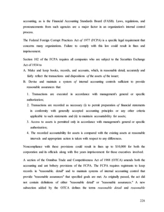 228
a
ac
cc
co
ou
un
nt
ti
in
ng
g,
, a
as
s i
is
s t
th
he
e F
Fi
in
na
an
nc
ci
ia
al
l A
Ac
cc
co
ou
un
nt
ti
in
ng
g S
St
ta
an
nd
da
ar
rd
ds
s B
Bo
oa
ar
rd
d (
(F
FA
AS
SB
B)
).
. L
La
aw
ws
s,
, r
re
eg
gu
ul
la
at
ti
io
on
ns
s,
, a
an
nd
d
p
pr
ro
on
no
ou
un
nc
ce
em
me
en
nt
ts
s f
fr
ro
om
m s
su
uc
ch
h a
ag
ge
en
nc
ci
ie
es
s a
ar
re
e a
a m
ma
aj
jo
or
r f
fa
ac
ct
to
or
r i
in
n a
an
n o
or
rg
ga
an
ni
iz
za
at
ti
io
on
n'
's
s i
in
nt
te
er
rn
na
al
l c
co
on
nt
tr
ro
ol
l
p
pr
ro
oc
ce
es
ss
s.
.
T
Th
he
e F
Fe
ed
de
er
ra
al
l F
Fo
or
re
ei
ig
gn
n C
Co
or
rr
ru
up
pt
t P
Pr
ra
ac
ct
ti
ic
ce
es
s A
Ac
ct
t o
of
f 1
19
97
77
7 (
(F
FC
CP
PA
A)
) i
is
s a
a s
sp
pe
ec
ci
if
fi
ic
c l
le
eg
ga
al
l r
re
eq
qu
ui
ir
re
em
me
en
nt
t t
th
ha
at
t
c
co
on
nc
ce
er
rn
ns
s m
ma
an
ny
y o
or
rg
ga
an
ni
iz
za
at
ti
io
on
ns
s.
. F
Fa
ai
il
lu
ur
re
e t
to
o c
co
om
mp
pl
ly
y w
wi
it
th
h t
th
hi
is
s l
la
aw
w c
co
ou
ul
ld
d r
re
es
su
ul
lt
t i
in
n f
fi
in
ne
es
s a
an
nd
d
i
im
mp
pr
ri
is
so
on
nm
me
en
nt
t.
.
S
Se
ec
ct
ti
io
on
n 1
10
02
2 o
of
f t
th
he
e F
FC
CP
PA
A r
re
eq
qu
ui
ir
re
es
s a
al
ll
l c
co
om
mp
pa
an
ni
ie
es
s w
wh
ho
o a
ar
re
e s
su
ub
bj
je
ec
ct
t t
to
o t
th
he
e S
Se
ec
cu
ur
ri
it
ti
ie
es
s E
Ex
xc
ch
ha
an
ng
ge
e
A
Ac
ct
t o
of
f 1
19
93
34
4 t
to
o
A
A.
. M
Ma
ak
ke
e a
an
nd
d k
ke
ee
ep
p b
bo
oo
ok
ks
s,
, r
re
ec
co
or
rd
ds
s,
, a
an
nd
d a
ac
cc
co
ou
un
nt
ts
s,
, w
wh
hi
ic
ch
h,
, i
in
n r
re
ea
as
so
on
na
ab
bl
le
e d
de
et
ta
ai
il
l,
, a
ac
cc
cu
ur
ra
at
te
el
ly
y a
an
nd
d
f
fa
ai
ir
rl
ly
y r
re
ef
fl
le
ec
ct
t t
th
he
e t
tr
ra
an
ns
sa
ac
ct
ti
io
on
ns
s a
an
nd
d d
di
is
sp
po
os
si
it
ti
io
on
ns
s o
of
f t
th
he
e a
as
ss
se
et
ts
s o
of
f t
th
he
e i
is
ss
su
ue
er
r;
;
B
B.
. D
De
ev
vi
is
se
e a
an
nd
d m
ma
ai
in
nt
ta
ai
in
n a
a s
sy
ys
st
te
em
m o
of
f i
in
nt
te
er
rn
na
al
l a
ac
cc
co
ou
un
nt
ti
in
ng
g c
co
on
nt
tr
ro
ol
ls
s s
su
uf
ff
fi
ic
ci
ie
en
nt
t t
to
o p
pr
ro
ov
vi
id
de
e
r
re
ea
as
so
on
na
ab
bl
le
e a
as
ss
su
ur
ra
an
nc
ce
es
s t
th
ha
at
t
1
1.
. T
Tr
ra
an
ns
sa
ac
ct
ti
io
on
ns
s a
ar
re
e e
ex
xe
ec
cu
ut
te
ed
d i
in
n a
ac
cc
co
or
rd
da
an
nc
ce
e w
wi
it
th
h m
ma
an
na
ag
ge
em
me
en
nt
t'
's
s g
ge
en
ne
er
ra
al
l o
or
r s
sp
pe
ec
ci
if
fi
ic
c
a
au
ut
th
ho
or
ri
iz
za
at
ti
io
on
n;
;
2
2.
. T
Tr
ra
an
ns
sa
ac
ct
ti
io
on
ns
s a
ar
re
e r
re
ec
co
or
rd
de
ed
d a
as
s n
ne
ec
ce
es
ss
sa
ar
ry
y (
(i
i)
) t
to
o p
pe
er
rm
mi
it
t p
pr
re
ep
pa
ar
ra
at
ti
io
on
n o
of
f f
fi
in
na
an
nc
ci
ia
al
l s
st
ta
at
te
em
me
en
nt
ts
s
i
in
n c
co
on
nf
fo
or
rm
mi
it
ty
y w
wi
it
th
h g
ge
en
ne
er
ra
al
ll
ly
y a
ac
cc
ce
ep
pt
te
ed
d a
ac
cc
co
ou
un
nt
ti
in
ng
g p
pr
ri
in
nc
ci
ip
pl
le
es
s o
or
r a
an
ny
y o
ot
th
he
er
r c
cr
ri
it
te
er
ri
ia
a
a
ap
pp
pl
li
ic
ca
ab
bl
le
e t
to
o s
su
uc
ch
h s
st
ta
at
te
em
me
en
nt
ts
s a
an
nd
d (
(i
ii
i)
) t
to
o m
ma
ai
in
nt
ta
ai
in
n a
ac
cc
co
ou
un
nt
ta
ab
bi
il
li
it
ty
y f
fo
or
r a
as
ss
se
et
ts
s;
;
3
3.
. A
Ac
cc
ce
es
ss
s t
to
o a
as
ss
se
et
ts
s i
is
s p
pe
er
rm
mi
it
tt
te
ed
d o
on
nl
ly
y i
in
n a
ac
cc
co
or
rd
da
an
nc
ce
e w
wi
it
th
h m
ma
an
na
ag
ge
em
me
en
nt
t'
's
s g
ge
en
ne
er
ra
al
l o
or
r s
sp
pe
ec
ci
if
fi
ic
c
a
au
ut
th
ho
or
ri
iz
za
at
ti
io
on
n;
;
4
4.
. T
Th
he
e r
re
ec
co
or
rd
de
ed
d a
ac
cc
co
ou
un
nt
ta
ab
bi
il
li
it
ty
y f
fo
or
r a
as
ss
se
et
ts
s i
is
s c
co
om
mp
pa
ar
re
ed
d w
wi
it
th
h t
th
he
e e
ex
xi
is
st
ti
in
ng
g a
as
ss
se
et
ts
s a
at
t r
re
ea
as
so
on
na
ab
bl
le
e
i
in
nt
te
er
rv
va
al
ls
s a
an
nd
d a
ap
pp
pr
ro
op
pr
ri
ia
at
te
e a
ac
ct
ti
io
on
n i
is
s t
ta
ak
ke
en
n w
wi
it
th
h r
re
es
sp
pe
ec
ct
t t
to
o a
an
ny
y d
di
if
ff
fe
er
re
en
nc
ce
es
s.
.
N
No
on
nc
co
om
mp
pl
li
ia
an
nc
ce
e w
wi
it
th
h t
th
he
es
se
e p
pr
ro
ov
vi
is
si
io
on
ns
s c
co
ou
ul
ld
d r
re
es
su
ul
lt
t i
in
n f
fi
in
ne
es
s u
up
p t
to
o $
$1
10
0,
,0
00
00
0 f
fo
or
r b
bo
ot
th
h t
th
he
e
c
co
or
rp
po
or
ra
at
ti
io
on
n a
an
nd
d i
it
ts
s o
of
ff
fi
ic
ci
ia
al
ls
s a
al
lo
on
ng
g w
wi
it
th
h f
fi
iv
ve
e y
ye
ea
ar
rs
s i
im
mp
pr
ri
is
so
on
nm
me
en
nt
t f
fo
or
r t
th
ho
os
se
e e
ex
xe
ec
cu
ut
ti
iv
ve
es
s i
in
nv
vo
ol
lv
ve
ed
d.
.
A
A s
se
ec
ct
ti
io
on
n o
of
f t
th
he
e O
Om
mn
ni
ib
bu
us
s T
Tr
ra
ad
de
e a
an
nd
d C
Co
om
mp
pe
et
ti
it
ti
iv
ve
en
ne
es
ss
s A
Ac
ct
t o
of
f 1
19
98
88
8 (
(O
OT
TC
CA
A)
) a
am
me
en
nd
ds
s b
bo
ot
th
h t
th
he
e
a
ac
cc
co
ou
un
nt
ti
in
ng
g a
an
nd
d a
an
nt
t b
br
ri
ib
be
er
ry
y p
pr
ro
ov
vi
is
si
io
on
ns
s o
of
f t
th
he
e F
FC
CP
PA
A.
. T
Th
he
e F
FC
CP
PA
A r
re
eq
qu
ui
ir
re
es
s r
re
eg
gi
is
st
tr
ra
an
nt
ts
s t
to
o k
ke
ee
ep
p
r
re
ec
co
or
rd
ds
s i
in
n "
"r
re
ea
as
so
on
na
ab
bl
le
e.
. d
de
et
ta
ai
il
l"
" a
an
nd
d t
to
o m
ma
ai
in
nt
ta
ai
in
n s
sy
ys
st
te
em
ms
s o
of
f i
in
nt
te
er
rn
na
al
l a
ac
cc
co
ou
un
nt
ti
in
ng
g c
co
on
nt
tr
ro
ol
l t
th
ha
at
t
p
pr
ro
ov
vi
id
de
e "
"r
re
ea
as
so
on
na
ab
bl
le
e a
as
ss
su
ur
ra
an
nc
ce
es
s"
" t
th
ha
at
t s
sp
pe
ec
ci
if
fi
ie
ed
d g
go
oa
al
ls
s a
ar
re
e m
me
et
t.
. A
As
s o
or
ri
ig
gi
in
na
al
ll
ly
y p
pa
as
ss
se
ed
d,
, t
th
he
e a
ac
ct
t d
di
id
d
n
no
ot
t c
co
on
nt
ta
ai
in
n d
de
ef
fi
in
ni
it
ti
io
on
ns
s o
of
f e
ei
it
th
he
er
r "
"r
re
ea
as
so
on
na
ab
bl
le
e d
de
et
ta
ai
il
l"
" o
or
r "
"r
re
ea
as
so
on
na
ab
bl
le
e a
as
ss
su
ur
ra
an
nc
ce
es
s.
."
" A
A n
ne
ew
w
s
su
ub
bs
se
ec
ct
ti
io
on
n a
ad
dd
de
ed
d b
by
y t
th
he
e O
OT
TC
CA
A d
de
ef
fi
in
ne
es
s t
th
he
e t
te
er
rm
ms
s r
re
ea
as
so
on
na
ab
bl
le
e d
de
et
ta
ai
il
l a
an
nd
d r
re
ea
as
so
on
na
ab
bl
le
e
 