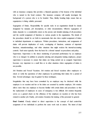 237
w
wi
it
th
h a
an
n i
in
ns
su
ur
ra
an
nc
ce
e c
co
om
mp
pa
an
ny
y t
th
ha
at
t p
pr
ro
ov
vi
id
de
es
s a
a f
fi
in
na
an
nc
ci
ia
al
l g
gu
ua
ar
ra
an
nt
te
ee
e o
of
f t
th
he
e h
ho
on
ne
es
st
ty
y o
of
f t
th
he
e i
in
nd
di
iv
vi
id
du
ua
al
l
w
wh
ho
o i
is
s n
na
am
me
ed
d i
in
n t
th
he
e b
bo
on
nd
d c
co
on
nt
tr
ra
ac
ct
t.
. T
Th
he
e i
in
ns
su
ur
ra
an
nc
ce
e c
co
om
mp
pa
an
ny
y w
wi
il
ll
l u
us
su
ua
al
ll
ly
y i
in
nv
ve
es
st
ti
ig
ga
at
te
e t
th
he
e
b
ba
ac
ck
kg
gr
ro
ou
un
nd
d o
of
f a
a p
pe
er
rs
so
on
n w
wh
ho
o i
is
s t
to
o b
be
e b
bo
on
nd
de
ed
d.
. T
Th
hu
us
s,
, f
fi
id
de
el
li
it
ty
y b
bo
on
nd
di
in
ng
g h
he
el
lp
ps
s e
en
ns
su
ur
re
e t
th
ha
at
t a
an
n
o
or
rg
ga
an
ni
iz
za
at
ti
io
on
n i
is
s h
hi
ir
ri
in
ng
g r
re
el
li
ia
ab
bl
le
e p
pe
er
rs
so
on
nn
ne
el
l.
.
S
Se
eg
gr
re
eg
ga
at
ti
io
on
n o
of
f D
Du
ut
ti
ie
es
s.
. R
Re
es
sp
po
on
ns
si
ib
bi
il
li
it
ty
y f
fo
or
r s
sp
pe
ec
ci
if
fi
ic
c t
ta
as
sk
ks
s i
in
n a
an
n o
or
rg
ga
an
ni
iz
za
at
ti
io
on
n s
sh
ho
ou
ul
ld
d b
be
e c
cl
le
ea
ar
rl
ly
y
d
de
es
si
ig
gn
na
at
te
ed
d b
by
y m
ma
an
nu
ua
al
ls
s,
, j
jo
ob
b d
de
es
sc
cr
ri
ip
pt
ti
io
on
ns
s,
, o
or
r o
ot
th
he
er
r d
do
oc
cu
um
me
en
nt
ta
at
ti
io
on
n.
. E
Ef
ff
fe
ec
ct
ti
iv
ve
e s
se
eg
gr
re
eg
ga
at
ti
io
on
n o
of
f
d
du
ut
ti
ie
es
s d
de
ep
pe
en
nd
ds
s t
to
o a
a c
co
on
ns
si
id
de
er
ra
ab
bl
le
e e
ex
xt
te
en
nt
t o
on
n t
th
he
e p
pr
re
ec
ci
is
se
e a
an
nd
d d
de
et
ta
ai
il
le
ed
d p
pl
la
an
nn
ni
in
ng
g o
of
f a
al
ll
l p
pr
ro
oc
ce
ed
du
ur
re
es
s
a
an
nd
d t
th
he
e c
ca
ar
re
ef
fu
ul
l a
as
ss
si
ig
gn
nm
me
en
nt
t o
of
f f
fu
un
nc
ct
ti
io
on
ns
s t
to
o v
va
ar
ri
io
ou
us
s p
pe
eo
op
pl
le
e i
in
n t
th
he
e o
or
rg
ga
an
ni
iz
za
at
ti
io
on
n.
. T
Th
he
e d
de
et
ta
ai
il
ls
s o
of
f
t
th
he
e p
pr
ro
oc
ce
ed
du
ur
re
es
s s
sh
ho
ou
ul
ld
d b
be
e s
se
et
t f
fo
or
rt
th
h i
in
n m
me
em
mo
or
ra
an
nd
da
a t
th
ha
at
t a
al
ls
so
o s
sh
ho
ow
w e
ex
xp
pl
li
ic
ci
it
t a
as
ss
si
ig
gn
nm
me
en
nt
t o
of
f d
du
ut
ti
ie
es
s
t
to
o i
in
nd
di
iv
vi
id
du
ua
al
l d
de
ep
pa
ar
rt
tm
me
en
nt
ts
s o
or
r e
em
mp
pl
lo
oy
ye
ee
es
s.
. W
Wr
ri
it
tt
te
en
n p
pr
ro
oc
ce
ed
du
ur
re
es
s,
, i
in
ns
st
tr
ru
uc
ct
ti
io
on
ns
s,
, a
an
nd
d a
as
ss
si
ig
gn
nm
me
en
nt
ts
s o
of
f
d
du
ut
ti
ie
es
s w
wi
il
ll
l p
pr
re
ev
ve
en
nt
t d
du
up
pl
li
ic
ca
at
ti
io
on
n o
of
f w
wo
or
rk
k,
, o
ov
ve
er
rl
la
ap
pp
pi
in
ng
g o
of
f f
fu
un
nc
ct
ti
io
on
ns
s,
, o
om
mi
is
ss
si
io
on
n o
of
f i
im
mp
po
or
rt
ta
an
nt
t
f
fu
un
nc
ct
ti
io
on
ns
s,
, m
mi
is
su
un
nd
de
er
rs
st
ta
an
nd
di
in
ng
gs
s,
, a
an
nd
d o
ot
th
he
er
r s
si
it
tu
ua
at
ti
io
on
ns
s t
th
ha
at
t m
mi
ig
gh
ht
t w
we
ea
ak
ke
en
n t
th
he
e i
in
nt
te
er
rn
na
al
l-
-a
ac
cc
co
ou
un
nt
ti
in
ng
g
c
co
on
nt
tr
ro
ol
ls
s.
. S
Su
uc
ch
h n
no
ot
te
es
s t
ty
yp
pi
ic
ca
al
ll
ly
y f
fo
or
rm
m t
th
he
e b
ba
as
si
is
s f
fo
or
r.
. a
a f
fo
or
rm
ma
al
l m
ma
an
nu
ua
al
l o
on
n p
pr
ro
oc
ce
ed
du
ur
re
es
s a
an
nd
d p
po
ol
li
ic
cy
y.
.
S
Su
up
pe
er
rv
vi
is
si
io
on
n.
. S
Su
up
pe
er
rv
vi
is
si
io
on
n i
is
s t
th
he
e d
di
ir
re
ec
ct
t m
mo
on
ni
it
to
or
ri
in
ng
g o
of
f p
pe
er
rs
so
on
nn
ne
el
l p
pe
er
rf
fo
or
rm
ma
an
nc
ce
e b
by
y a
an
n e
em
mp
pl
lo
oy
ye
ee
e
w
wh
ho
o i
is
s s
so
o c
ch
ha
ar
rg
ge
ed
d.
. I
In
n a
ad
dd
di
it
ti
io
on
n t
to
o p
pr
ro
op
pe
er
rl
ly
y s
se
el
le
ec
ct
ti
in
ng
g a
an
nd
d a
ad
de
eq
qu
ua
at
te
el
ly
y t
tr
ra
ai
in
ni
in
ng
g e
em
mp
pl
lo
oy
ye
ee
es
s,
, p
pr
ro
op
pe
er
r
s
su
up
pe
er
rv
vi
is
si
io
on
n i
is
s n
ne
ec
ce
es
ss
sa
ar
ry
y t
to
o e
en
ns
su
ur
re
e t
th
ha
at
t d
du
ut
ti
ie
es
s a
ar
re
e b
be
ei
in
ng
g c
ca
ar
rr
ri
ie
ed
d o
ou
ut
t a
as
s a
as
ss
si
ig
gn
ne
ed
d.
. S
Su
up
pe
er
rv
vi
is
si
io
on
n
b
be
ec
co
om
me
es
s v
ve
er
ry
y i
im
mp
po
or
rt
ta
an
nt
t i
in
n a
a s
sm
ma
al
ll
l f
fi
ir
rm
m o
or
r i
in
n o
ot
th
he
er
r s
si
it
tu
ua
at
ti
io
on
ns
s w
wh
he
er
re
e s
se
eg
gr
re
eg
ga
at
ti
io
on
n o
of
f d
du
ut
ti
ie
es
s i
is
s
n
no
ot
t p
po
os
ss
si
ib
bl
le
e.
.
J
Jo
ob
b R
Ro
ot
ta
at
ti
io
on
n a
an
nd
d F
Fo
or
rc
ce
ed
d V
Va
ac
ca
at
ti
io
on
ns
s.
. J
Jo
ob
b r
ro
ot
ta
at
ti
io
on
n a
an
nd
d f
fo
or
rc
ce
ed
d v
va
ac
ca
at
ti
io
on
ns
s a
al
ll
lo
ow
w e
em
mp
pl
lo
oy
ye
ee
es
s t
to
o
c
ch
he
ec
ck
k o
or
r v
ve
er
ri
if
fy
y t
th
he
e o
op
pe
er
ra
at
ti
io
on
ns
s o
of
f o
ot
th
he
er
r e
em
mp
pl
lo
oy
ye
ee
es
s b
by
y p
pe
er
rf
fo
or
rm
mi
in
ng
g t
th
he
ei
ir
r d
du
ut
ti
ie
es
s f
fo
or
r a
a p
pe
er
ri
io
od
d o
of
f
t
ti
im
me
e.
. S
Se
ev
ve
er
ra
al
l a
ad
dv
va
an
nt
ta
ag
ge
es
s m
ma
ay
y b
be
e g
ga
ai
in
ne
ed
d b
by
y t
th
he
es
se
e t
te
ec
ch
hn
ni
iq
qu
ue
es
s.
.
I
Ir
rr
re
eg
gu
ul
la
ar
ri
it
ti
ie
es
s t
th
ha
at
t m
ma
ay
y h
ha
av
ve
e b
be
ee
en
n c
co
om
mm
mi
it
tt
te
ed
d b
by
y a
an
n e
em
mp
pl
lo
oy
ye
ee
e m
ma
ay
y b
be
e d
di
is
sc
cl
lo
os
se
ed
d w
wh
hi
il
le
e t
th
he
e
e
em
mp
pl
lo
oy
ye
ee
e i
is
s o
on
n v
va
ac
ca
at
ti
io
on
n a
an
nd
d h
he
er
r o
or
r h
hi
is
s d
du
ut
ti
ie
es
s a
ar
re
e a
as
ss
su
um
me
ed
d b
by
y a
an
no
ot
th
he
er
r e
em
mp
pl
lo
oy
ye
ee
e.
. J
Jo
ob
b r
ro
ot
ta
at
ti
io
on
n
a
al
ll
lo
ow
ws
s m
mo
or
re
e t
th
ha
an
n o
on
ne
e e
em
mp
pl
lo
oy
ye
ee
e t
to
o b
be
ec
co
om
me
e f
fa
am
mi
il
li
ia
ar
r w
wi
it
th
h c
ce
er
rt
ta
ai
in
n d
du
ut
ti
ie
es
s a
an
nd
d p
pr
ro
oc
ce
ed
du
ur
re
es
s s
so
o t
th
ha
at
t
t
th
he
e r
re
ep
pl
la
ac
ce
em
me
en
nt
t o
of
f e
em
mp
pl
lo
oy
ye
ee
es
s i
in
n c
ca
as
se
es
s o
of
f e
em
me
er
rg
ge
en
nc
cy
y i
is
s l
le
es
ss
s d
di
if
ff
fi
ic
cu
ul
lt
t.
. J
Jo
ob
b r
ro
ot
ta
at
ti
io
on
n f
fr
re
eq
qu
ue
en
nt
tl
ly
y
s
se
er
rv
ve
es
s a
as
s a
a g
ge
en
ne
er
ra
al
l c
ch
he
ec
ck
k o
on
n t
th
he
e e
ef
ff
fi
ic
ci
ie
en
nc
cy
y o
of
f t
th
he
e e
em
mp
pl
lo
oy
ye
ee
e o
on
n v
va
ac
ca
at
ti
io
on
n o
or
r w
wh
ho
o h
ha
as
s b
be
ee
en
n
r
ro
ot
ta
at
te
ed
d t
to
o a
an
no
ot
th
he
er
r j
jo
ob
b.
. F
Fi
in
na
al
ll
ly
y,
, j
jo
ob
b r
ro
ot
ta
at
ti
io
on
n b
br
ro
oa
ad
de
en
ns
s t
th
he
e t
tr
ra
ai
in
ni
in
ng
g o
of
f t
th
he
e p
pe
er
rs
so
on
nn
ne
el
l i
in
n g
ge
en
ne
er
ra
al
l.
.
D
Du
ua
al
l C
Co
on
nt
tr
ro
ol
l.
. C
Cl
lo
os
se
el
ly
y r
re
el
la
at
te
ed
d t
to
o d
di
ir
re
ec
ct
t s
su
up
pe
er
rv
vi
is
si
io
on
n i
is
s t
th
he
e c
co
on
nc
ce
ep
pt
t o
of
f d
du
ua
al
l c
co
on
nt
tr
ro
ol
l-
-t
th
he
e
a
as
ss
si
ig
gn
nm
me
en
nt
t o
of
f t
tw
wo
o i
in
nd
di
iv
vi
id
du
ua
al
ls
s t
to
o p
pe
er
rf
fo
or
rm
m t
th
he
e s
sa
am
me
e w
wo
or
rk
k t
ta
as
sk
k i
in
n u
un
ni
is
so
on
n.
. T
Th
he
e i
in
nt
te
en
nt
t o
of
f d
du
ua
al
l
 