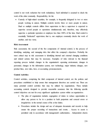 238
c
co
on
nt
tr
ro
ol
l i
is
s n
no
ot
t w
wo
or
rk
k r
re
ed
du
uc
ct
ti
io
on
n b
bu
ut
t w
wo
or
rk
k r
re
ed
du
un
nd
da
an
nc
cy
y.
. E
Ea
ac
ch
h i
in
nd
di
iv
vi
id
du
ua
al
l i
is
s a
as
ss
su
um
me
ed
d t
to
o c
ch
he
ec
ck
k t
th
he
e
w
wo
or
rk
k o
of
f t
th
he
e o
ot
th
he
er
r c
co
on
ns
st
ta
an
nt
tl
ly
y.
. R
Re
es
sp
po
on
ns
si
ib
bi
il
li
it
ty
y f
fo
or
r t
th
he
e

 C
Cu
us
st
to
od
dy
y o
of
f h
hi
ig
gh
h-
-v
va
al
lu
ue
ed
d s
se
ec
cu
ur
ri
it
ti
ie
es
s,
, f
fo
or
r e
ex
xa
am
mp
pl
le
e,
, i
is
s f
fr
re
eq
qu
ue
en
nt
tl
ly
y d
de
el
le
eg
ga
at
te
ed
d t
to
o t
tw
wo
o o
or
r m
mo
or
re
e
p
pe
eo
op
pl
le
e w
wo
or
rk
ki
in
ng
g i
in
n u
un
ni
is
so
on
n.
. M
Mu
ul
lt
ti
ip
pl
le
e c
co
on
nt
tr
ro
ol
ls
s i
in
nv
vo
ol
lv
ve
e t
th
hr
re
ee
e o
or
r m
mo
or
re
e p
pe
eo
op
pl
le
e i
in
n u
un
ni
is
so
on
n.
.
D
Du
ua
al
l o
or
r m
mu
ul
lt
ti
ip
pl
le
e c
co
on
nt
tr
ro
ol
ls
s d
di
if
ff
fe
er
rs
s f
fr
ro
om
m s
su
up
pe
er
rv
vi
is
si
io
on
n i
in
n t
th
ha
at
t a
a s
su
up
pe
er
rv
vi
is
so
or
r i
is
s e
ex
xp
pe
ec
ct
te
ed
d t
to
o
s
su
up
pe
er
rv
vi
is
se
e s
se
ev
ve
er
ra
al
l p
pe
eo
op
pl
le
e o
or
r o
op
pe
er
ra
at
ti
io
on
ns
s s
si
im
mu
ul
lt
ta
an
ne
eo
ou
us
sl
ly
y a
an
nd
d,
, t
th
he
er
re
ef
fo
or
re
e,
, m
ma
ay
y e
ef
ff
fe
ec
ct
ti
iv
ve
el
ly
y
s
su
up
pe
er
rv
vi
is
se
e a
a p
pa
ar
rt
ti
ic
cu
ul
la
ar
r o
op
pe
er
ra
at
ti
io
on
n o
or
r e
em
mp
pl
lo
oy
ye
ee
e l
le
es
ss
s t
th
ha
an
n 1
10
00
0%
% o
of
f t
th
he
e t
ti
im
me
e.
. D
Du
ua
al
l c
co
on
nt
tr
ro
ol
l i
is
s
e
es
ss
se
en
nt
ti
ia
al
ll
ly
y "
"d
de
ed
di
ic
ca
at
te
ed
d"
" s
su
up
pe
er
rv
vi
is
si
io
on
n;
; t
th
ha
at
t i
is
s,
, o
on
ne
e e
em
mp
pl
lo
oy
ye
ee
e c
co
on
ns
st
ta
an
nt
tl
ly
y c
ch
he
ec
ck
ks
s t
th
he
e w
wo
or
rk
k o
of
f
a
an
no
ot
th
he
er
r,
, a
an
nd
d v
vi
ic
ce
e v
ve
er
rs
sa
a.
.
R
Ri
is
sk
k A
As
ss
se
es
ss
sm
me
en
nt
t
R
Ri
is
sk
k a
as
ss
se
es
ss
sm
me
en
nt
t,
, t
th
he
e s
se
ec
co
on
nd
d o
of
f t
th
he
e f
fi
iv
ve
e c
co
om
mp
po
on
ne
en
nt
ts
s o
of
f -
-i
in
nt
te
er
rn
na
al
l c
co
on
nt
tr
ro
ol
l,
, i
is
s t
th
he
e p
pr
ro
oc
ce
es
ss
s o
of
f
i
id
de
en
nt
ti
if
fy
yi
in
ng
g,
, a
an
na
al
ly
yz
zi
in
ng
g,
, a
an
nd
d m
ma
an
na
ag
gi
in
ng
g r
ri
is
sk
ks
s t
th
ha
at
t a
af
ff
fe
ec
ct
t t
th
he
e c
co
om
mp
pa
an
ny
y'
's
s o
ob
bj
je
ec
ct
ti
iv
ve
es
s.
. P
Pr
ro
ob
ba
ab
bl
ly
y t
th
he
e
m
mo
os
st
t c
cr
ri
it
ti
ic
ca
al
l s
st
te
ep
p i
in
n r
ri
is
sk
k a
as
ss
se
es
ss
sm
me
en
nt
t i
is
s i
id
de
en
nt
ti
if
fy
yi
in
ng
g i
in
nt
te
er
rn
na
al
l a
an
nd
d e
ex
xt
te
er
rn
na
al
l c
ch
ha
an
ng
gi
in
ng
g c
co
on
nd
di
it
ti
io
on
ns
s
a
an
nd
d r
re
el
la
at
te
ed
d a
ac
ct
ti
io
on
ns
s t
th
ha
at
t m
ma
ay
y b
be
e n
ne
ec
ce
es
ss
sa
ar
ry
y.
. E
Ex
xa
am
mp
pl
le
es
s o
of
f r
ri
is
sk
ks
s r
re
el
le
ev
va
an
nt
t t
to
o t
th
he
e f
fi
in
na
an
nc
ci
ia
al
l
r
re
ep
po
or
rt
ti
in
ng
g p
pr
ro
oc
ce
es
ss
s i
in
nc
cl
lu
ud
de
e c
ch
ha
an
ng
ge
es
s i
in
n t
th
he
e o
or
rg
ga
an
ni
iz
za
at
ti
io
on
n'
's
s o
op
pe
er
ra
at
ti
in
ng
g e
en
nv
vi
ir
ro
on
nm
me
en
nt
t,
, c
ch
ha
an
ng
ge
es
s i
in
n
p
pe
er
rs
so
on
nn
ne
el
l,
, c
ch
ha
an
ng
ge
es
s i
in
n t
th
he
e i
in
nf
fo
or
rm
ma
at
ti
io
on
n s
sy
ys
st
te
em
m,
, n
ne
ew
w t
te
ec
ch
hn
no
ol
lo
og
gy
y,
, m
ma
aj
jo
or
r i
in
nd
du
us
st
tr
ry
y c
ch
ha
an
ng
ge
es
s,
, n
ne
ew
w
p
pr
ro
od
du
uc
ct
t l
li
in
ne
es
s,
, n
ne
ew
w r
ru
ul
le
es
s,
, l
la
aw
ws
s,
, o
or
r a
ac
cc
co
ou
un
nt
ti
in
ng
g p
pr
ro
on
no
ou
un
nc
ce
em
me
en
nt
ts
s.
.
C
Co
on
nt
tr
ro
ol
l A
Ac
ct
ti
iv
vi
it
ti
ie
es
s
C
Co
on
nt
tr
ro
ol
l a
ac
ct
ti
iv
vi
it
ti
ie
es
s,
, c
co
om
mp
pr
ri
is
si
in
ng
g t
th
he
e t
th
hi
ir
rd
d c
co
om
mp
po
on
ne
en
nt
t o
of
f i
in
nt
te
er
rn
na
al
l c
co
on
nt
tr
ro
ol
l,
, a
ar
re
e t
th
he
e p
po
ol
li
ic
ci
ie
es
s a
an
nd
d
p
pr
ro
oc
ce
ed
du
ur
re
es
s e
es
st
ta
ab
bl
li
is
sh
he
ed
d t
to
o h
he
el
lp
p e
en
ns
su
ur
re
e t
th
ha
at
t m
ma
an
na
ag
ge
em
me
en
nt
t d
di
ir
re
ec
ct
ti
iv
ve
es
s a
ar
re
e c
ca
ar
rr
ri
ie
ed
d o
ou
ut
t.
. T
Th
he
er
re
e a
ar
re
e
m
ma
an
ny
y p
po
ot
te
en
nt
ti
ia
al
l c
co
on
nt
tr
ro
ol
l a
ac
ct
ti
iv
vi
it
ti
ie
es
s t
th
ha
at
t m
ma
ay
y b
be
e u
ut
ti
il
li
iz
ze
ed
d b
by
y o
or
rg
ga
an
ni
iz
za
at
ti
io
on
ns
s.
. T
Th
he
es
se
e i
in
nc
cl
lu
ud
de
e
a
ac
cc
co
ou
un
nt
ti
in
ng
g c
co
on
nt
tr
ro
ol
ls
s d
de
es
si
ig
gn
ne
ed
d t
to
o p
pr
ro
ov
vi
id
de
e r
re
ea
as
so
on
na
ab
bl
le
e a
as
ss
su
ur
ra
an
nc
ce
e t
th
ha
at
t t
th
he
e f
fo
ol
ll
lo
ow
wi
in
ng
g s
sp
pe
ec
ci
if
fi
ic
c
c
co
on
nt
tr
ro
ol
l o
ob
bj
je
ec
ct
ti
iv
ve
es
s a
ar
re
e m
me
et
t f
fo
or
r e
ev
ve
er
ry
y s
si
ig
gn
ni
if
fi
ic
ca
an
nt
t a
ap
pp
pl
li
ic
ca
at
ti
io
on
n s
sy
ys
st
te
em
m w
wi
it
th
hi
in
n a
an
n o
or
rg
ga
an
ni
iz
za
at
ti
io
on
n:
:

 T
Th
he
e p
pl
la
an
n o
of
f o
or
rg
ga
an
ni
iz
za
at
ti
io
on
n i
in
nc
cl
lu
ud
de
es
s s
se
eg
gr
re
eg
ga
at
ti
io
on
n o
of
f d
du
ut
ti
ie
es
s t
to
o r
re
ed
du
uc
ce
e o
op
pp
po
or
rt
tu
un
ni
it
ti
ie
es
s t
to
o
a
al
ll
lo
ow
w a
an
ny
y p
pe
er
rs
so
on
n t
to
o b
be
e i
in
n a
a p
po
os
si
it
ti
io
on
n t
to
o b
bo
ot
th
h p
pe
er
rp
pe
et
tr
ra
at
te
e a
an
nd
d c
co
on
nc
ce
ea
al
l e
er
rr
ro
or
rs
s o
or
r
i
ir
rr
re
eg
gu
ul
la
ar
ri
it
ti
ie
es
s i
in
n t
th
he
e n
no
or
rm
ma
al
l c
co
ou
ur
rs
se
e o
of
f h
hi
is
s o
or
r h
he
er
r d
du
ut
ti
ie
es
s.
.

 P
Pr
ro
oc
ce
ed
du
ur
re
es
s i
in
nc
cl
lu
ud
de
e t
th
he
e d
de
es
si
ig
gn
n a
an
nd
d u
us
se
e o
of
f a
ad
de
eq
qu
ua
at
te
e d
do
oc
cu
um
me
en
nt
ts
s a
an
nd
d r
re
ec
co
or
rd
ds
s t
to
o h
he
el
lp
p
e
en
ns
su
ur
re
e t
th
he
e p
pr
ro
op
pe
er
r r
re
ec
co
or
rd
di
in
ng
g o
of
f t
tr
ra
an
ns
sa
ac
ct
ti
io
on
ns
s a
an
nd
d e
ev
ve
en
nt
ts
s.
. .
. A
Ac
cc
ce
es
ss
s t
to
o a
as
ss
se
et
ts
s i
is
s
p
pe
er
rm
mi
it
tt
te
ed
d o
on
nl
ly
y i
in
n a
ac
cc
co
or
rd
da
an
nc
ce
e w
wi
it
th
h m
ma
an
na
ag
ge
em
me
en
nt
t'
's
s a
au
ut
th
ho
or
ri
iz
za
at
ti
io
on
n.
. .
. I
In
nd
de
ep
pe
en
nd
de
en
nt
t c
ch
he
ec
ck
ks
s
 