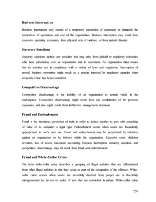 220
B
Bu
us
si
in
ne
es
ss
s I
In
nt
te
er
rr
ru
up
pt
ti
io
on
n
B
Bu
us
si
in
ne
es
ss
s i
in
nt
te
er
rr
ru
up
pt
ti
io
on
n m
ma
ay
y c
co
on
ns
si
is
st
t o
of
f a
a t
te
em
mp
po
or
ra
ar
ry
y s
su
us
sp
pe
en
ns
si
io
on
n o
of
f o
op
pe
er
ra
at
ti
io
on
ns
s o
or
r u
ul
lt
ti
im
ma
at
te
el
ly
y t
th
he
e
t
te
er
rm
mi
in
na
at
ti
io
on
n o
of
f o
op
pe
er
ra
at
ti
io
on
ns
s a
an
nd
d e
en
nd
d o
of
f t
th
he
e o
or
rg
ga
an
ni
iz
za
at
ti
io
on
n.
. B
Bu
us
si
in
ne
es
ss
s i
in
nt
te
er
rr
ru
up
pt
ti
io
on
n m
ma
ay
y r
re
es
su
ul
lt
t f
fr
ro
om
m
e
ex
xc
ce
es
ss
si
iv
ve
e o
op
pe
er
ra
at
ti
in
ng
g e
ex
xp
po
os
su
ur
re
es
s,
, f
fr
ro
om
m p
ph
hy
ys
si
ic
ca
al
l a
ac
ct
ts
s o
of
f v
vi
io
ol
le
en
nc
ce
e,
, o
or
r f
fr
ro
om
m n
na
at
tu
ur
ra
al
l d
di
is
sa
as
st
te
er
r.
.
S
St
ta
at
tu
ut
to
or
ry
y S
Sa
an
nc
ct
ti
io
on
ns
s
S
St
ta
at
tu
ut
to
or
ry
y s
sa
an
nc
ct
ti
io
on
ns
s i
in
nc
cl
lu
ud
de
e a
an
ny
y p
pe
en
na
al
lt
ti
ie
es
s t
th
ha
at
t m
ma
ay
y a
ar
ri
is
se
e f
fr
ro
om
m j
ju
ud
di
ic
ci
ia
al
l o
or
r r
re
eg
gu
ul
la
at
to
or
ry
y a
au
ut
th
ho
or
ri
it
ti
ie
es
s
w
wh
ho
o h
ha
av
ve
e j
ju
ur
ri
is
sd
di
ic
ct
ti
io
on
n o
ov
ve
er
r a
an
n o
or
rg
ga
an
ni
iz
za
at
ti
io
on
n a
an
nd
d i
it
ts
s o
op
pe
er
ra
at
ti
io
on
ns
s.
. A
An
n o
or
rg
ga
an
ni
iz
za
at
ti
io
on
n m
mu
us
st
t e
en
ns
su
ur
re
e
t
th
ha
at
t i
it
ts
s a
ac
ct
ti
iv
vi
it
ti
ie
es
s a
ar
re
e i
in
n c
co
om
mp
pl
li
ia
an
nc
ce
e w
wi
it
th
h a
a v
va
ar
ri
ie
et
ty
y o
of
f l
la
aw
ws
s a
an
nd
d r
re
eg
gu
ul
la
at
ti
io
on
ns
s.
. I
In
nt
te
er
rr
ru
up
pt
ti
io
on
n o
of
f
n
no
or
rm
ma
al
l b
bu
us
si
in
ne
es
ss
s o
op
pe
er
ra
at
ti
io
on
ns
s m
mi
ig
gh
ht
t r
re
es
su
ul
lt
t a
as
s a
a p
pe
en
na
al
lt
ty
y i
im
mp
po
os
se
ed
d b
by
y r
re
eg
gu
ul
la
at
to
or
ry
y a
ag
ge
en
nc
ci
ie
es
s w
wh
he
en
n
c
co
or
rp
po
or
ra
at
te
e c
cr
ri
im
me
e h
ha
as
s b
be
ee
en
n c
co
om
mm
mi
it
tt
te
ed
d.
.
C
Co
om
mp
pe
et
ti
it
ti
iv
ve
e D
Di
is
sa
ad
dv
va
an
nt
ta
ag
ge
e
C
Co
om
mp
pe
et
ti
it
ti
iv
ve
e d
di
is
sa
ad
dv
va
an
nt
ta
ag
ge
e i
is
s t
th
he
e i
in
na
ab
bi
il
li
it
ty
y o
of
f a
an
n o
or
rg
ga
an
ni
iz
za
at
ti
io
on
n t
to
o r
re
em
ma
ai
in
n v
vi
ia
ab
bl
le
e i
in
n t
th
he
e
m
ma
ar
rk
ke
et
tp
pl
la
ac
ce
e.
. C
Co
om
mp
pe
et
ti
it
ti
iv
ve
e d
di
is
sa
ad
dv
va
an
nt
ta
ag
ge
e m
mi
ig
gh
ht
t r
re
es
su
ul
lt
t f
fr
ro
om
m a
an
ny
y c
co
om
mb
bi
in
na
at
ti
io
on
n o
of
f t
th
he
e p
pr
re
ev
vi
io
ou
us
s
e
ex
xp
po
os
su
ur
re
es
s,
, a
an
nd
d a
al
ls
so
o m
mi
ig
gh
ht
t r
re
es
su
ul
lt
t f
fr
ro
om
m i
in
ne
ef
ff
fe
ec
ct
ti
iv
ve
e m
ma
an
na
ag
ge
em
me
en
nt
t d
de
ec
ci
is
si
io
on
ns
s.
.
F
Fr
ra
au
ud
d a
an
nd
d E
Em
mb
be
ez
zz
zl
le
em
me
en
nt
t
F
Fr
ra
au
ud
d i
is
s t
th
he
e i
in
nt
te
en
nt
ti
io
on
na
al
l p
pe
er
rv
ve
er
rs
si
io
on
n o
of
f t
tr
ru
ut
th
h i
in
n o
or
rd
de
er
r t
to
o i
in
nd
du
uc
ce
e a
an
no
ot
th
he
er
r t
to
o p
pa
ar
rt
t w
wi
it
th
h s
so
om
me
et
th
hi
in
ng
g
o
of
f v
va
al
lu
ue
e o
or
r t
to
o s
su
ur
rr
re
en
nd
de
er
r a
a l
le
eg
ga
al
l r
ri
ig
gh
ht
t.
. E
Em
mb
be
ez
zz
zl
le
em
me
en
nt
t o
oc
cc
cu
ur
rs
s w
wh
he
en
n a
as
ss
se
et
ts
s a
ar
re
e f
fr
ra
au
ud
du
ul
le
en
nt
tl
ly
y
a
ap
pp
pr
ro
op
pr
ri
ia
at
te
ed
d t
to
o o
on
ne
e'
's
s o
ow
wn
n u
us
se
e.
. F
Fr
ra
au
ud
d a
an
nd
d e
em
mb
be
ez
zz
zl
le
em
me
en
nt
t m
ma
ay
y b
be
e p
pe
er
rp
pe
et
tr
ra
at
te
ed
d b
by
y o
ou
ut
ts
si
id
de
er
rs
s
a
ag
ga
ai
in
ns
st
t a
an
n o
or
rg
ga
an
ni
iz
za
at
ti
io
on
n o
or
r b
by
y i
in
ns
si
id
de
er
rs
s w
wi
it
th
hi
in
n t
th
he
e o
or
rg
ga
an
ni
iz
za
at
ti
io
on
n.
. E
Ex
xc
ce
es
ss
si
iv
ve
e c
co
os
st
ts
s,
, d
de
ef
fi
ic
ci
ie
en
nt
t
r
re
ev
ve
en
nu
ue
es
s,
, l
lo
os
ss
s o
of
f a
as
ss
se
et
ts
s,
, i
in
na
ac
cc
cu
ur
ra
at
te
e a
ac
cc
co
ou
un
nt
ti
in
ng
g,
, b
bu
us
si
in
ne
es
ss
s i
in
nt
te
er
rr
ru
up
pt
ti
io
on
n,
, s
st
ta
at
tu
ut
to
or
ry
y s
sa
an
nc
ct
ti
io
on
ns
s,
, a
an
nd
d
c
co
om
mp
pe
et
ti
it
ti
iv
ve
e d
di
is
sa
ad
dv
va
an
nt
ta
ag
ge
e m
ma
ay
y a
al
ll
l r
re
es
su
ul
lt
t f
fr
ro
om
m f
fr
ra
au
ud
d a
an
nd
d e
em
mb
be
ez
zz
zl
le
em
me
en
nt
t.
.
F
Fr
ra
au
ud
d a
an
nd
d W
Wh
hi
it
te
e-
-C
Co
ol
ll
la
ar
r C
Cr
ri
im
me
e
T
Th
he
e t
te
er
rm
m w
wh
hi
it
te
e-
-c
co
ol
ll
la
ar
r c
cr
ri
im
me
e d
de
es
sc
cr
ri
ib
be
es
s a
a g
gr
ro
ou
up
pi
in
ng
g o
of
f i
il
ll
le
eg
ga
al
l a
ac
ct
ti
iv
vi
it
ti
ie
es
s t
th
ha
at
t a
ar
re
e d
di
if
ff
fe
er
re
en
nt
ti
ia
at
te
ed
d
f
fr
ro
om
m o
ot
th
he
er
r i
il
ll
le
eg
ga
al
l a
ac
ct
ti
iv
vi
it
ti
ie
es
s i
in
n t
th
ha
at
t t
th
he
ey
y o
oc
cc
cu
ur
r a
as
s p
pa
ar
rt
t o
of
f t
th
he
e o
oc
cc
cu
up
pa
at
ti
io
on
n o
of
f t
th
he
e o
of
ff
fe
en
nd
de
er
r.
. W
Wh
hi
it
te
e-
-
c
co
ol
ll
la
ar
r c
cr
ri
im
me
e o
oc
cc
cu
ur
rs
s w
wh
he
en
n a
as
ss
se
et
ts
s a
ar
re
e d
de
ec
ce
ei
it
tf
fu
ul
ll
ly
y d
di
iv
ve
er
rt
te
ed
d f
fr
ro
om
m p
pr
ro
op
pe
er
r u
us
se
e o
or
r d
de
ec
ce
ei
it
tf
fu
ul
ll
ly
y
m
mi
is
sr
re
ep
pr
re
es
se
en
nt
te
ed
d b
by
y a
an
n a
ac
ct
t o
or
r s
se
er
ri
ie
es
s o
of
f a
ac
ct
ts
s t
th
ha
at
t a
ar
re
e n
no
on
nv
vi
io
ol
le
en
nt
t i
in
n n
na
at
tu
ur
re
e.
. W
Wh
hi
it
te
e-
-c
co
ol
ll
la
ar
r c
cr
ri
im
me
e
 