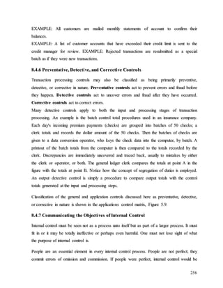 256
E
EX
XA
AM
MP
PL
LE
E:
: A
Al
ll
l c
cu
us
st
to
om
me
er
rs
s a
ar
re
e m
ma
ai
il
le
ed
d m
mo
on
nt
th
hl
ly
y s
st
ta
at
te
em
me
en
nt
ts
s o
of
f a
ac
cc
co
ou
un
nt
t t
to
o c
co
on
nf
fi
ir
rm
m t
th
he
ei
ir
r
b
ba
al
la
an
nc
ce
es
s.
.
E
EX
XA
AM
MP
PL
LE
E:
: A
A l
li
is
st
t o
of
f c
cu
us
st
to
om
me
er
r a
ac
cc
co
ou
un
nt
ts
s t
th
ha
at
t h
ha
av
ve
e e
ex
xc
ce
ee
ed
de
ed
d t
th
he
ei
ir
r c
cr
re
ed
di
it
t l
li
im
mi
it
t i
is
s s
se
en
nt
t t
to
o t
th
he
e
c
cr
re
ed
di
it
t m
ma
an
na
ag
ge
er
r f
fo
or
r r
re
ev
vi
ie
ew
w.
. E
EX
XA
AM
MP
PL
LE
E:
: R
Re
ej
je
ec
ct
te
ed
d t
tr
ra
an
ns
sa
ac
ct
ti
io
on
ns
s a
ar
re
e r
re
es
su
ub
bm
mi
it
tt
te
ed
d a
as
s a
a s
sp
pe
ec
ci
ia
al
l
b
ba
at
tc
ch
h a
as
s i
if
f t
th
he
ey
y w
we
er
re
e n
ne
ew
w t
tr
ra
an
ns
sa
ac
ct
ti
io
on
ns
s.
.
8
8.
.4
4.
.6
6 P
Pr
re
ev
ve
en
nt
ta
at
ti
iv
ve
e,
, D
De
et
te
ec
ct
ti
iv
ve
e,
, a
an
nd
d C
Co
or
rr
re
ec
ct
ti
iv
ve
e C
Co
on
nt
tr
ro
ol
ls
s
T
Tr
ra
an
ns
sa
ac
ct
ti
io
on
n p
pr
ro
oc
ce
es
ss
si
in
ng
g c
co
on
nt
tr
ro
ol
ls
s m
ma
ay
y a
al
ls
so
o b
be
e c
cl
la
as
ss
si
if
fi
ie
ed
d a
as
s b
be
ei
in
ng
g p
pr
ri
im
ma
ar
ri
il
ly
y p
pr
re
ev
ve
en
nt
ti
iv
ve
e,
,
d
de
et
te
ec
ct
ti
iv
ve
e,
, o
or
r c
co
or
rr
re
ec
ct
ti
iv
ve
e i
in
n n
na
at
tu
ur
re
e.
. P
Pr
re
ev
ve
en
nt
ta
at
ti
iv
ve
e c
co
on
nt
tr
ro
ol
ls
s a
ac
ct
t t
to
o p
pr
re
ev
ve
en
nt
t e
er
rr
ro
or
rs
s a
an
nd
d f
fr
ra
au
ud
d b
be
ef
fo
or
re
e
t
th
he
ey
y h
ha
ap
pp
pe
en
n.
. D
De
et
te
ec
ct
ti
iv
ve
e c
co
on
nt
tr
ro
ol
ls
s a
ac
ct
t t
to
o u
un
nc
co
ov
ve
er
r e
er
rr
ro
or
rs
s a
an
nd
d f
fr
ra
au
ud
d a
af
ft
te
er
r t
th
he
ey
y h
ha
av
ve
e o
oc
cc
cu
ur
rr
re
ed
d.
.
C
Co
or
rr
re
ec
ct
ti
iv
ve
e c
co
on
nt
tr
ro
ol
ls
s a
ac
ct
t t
to
o c
co
or
rr
re
ec
ct
t e
er
rr
ro
or
rs
s.
.
M
Ma
an
ny
y d
de
et
te
ec
ct
ti
iv
ve
e c
co
on
nt
tr
ro
ol
ls
s a
ap
pp
pl
ly
y t
to
o b
bo
ot
th
h t
th
he
e i
in
np
pu
ut
t a
an
nd
d p
pr
ro
oc
ce
es
ss
si
in
ng
g s
st
ta
ag
ge
es
s o
of
f t
tr
ra
an
ns
sa
ac
ct
ti
io
on
n
p
pr
ro
oc
ce
es
ss
si
in
ng
g.
. A
An
n e
ex
xa
am
mp
pl
le
e i
is
s t
th
he
e b
ba
at
tc
ch
h c
co
on
nt
tr
ro
ol
l t
to
ot
ta
al
l p
pr
ro
oc
ce
ed
du
ur
re
es
s u
us
se
ed
d i
in
n a
an
n i
in
ns
su
ur
ra
an
nc
ce
e c
co
om
mp
pa
an
ny
y.
.
E
Ea
ac
ch
h d
da
ay
y'
's
s i
in
nc
co
om
mi
in
ng
g p
pr
re
em
mi
iu
um
m p
pa
ay
ym
me
en
nt
ts
s (
(c
ch
he
ec
ck
ks
s)
) a
ar
re
e g
gr
ro
ou
up
pe
ed
d i
in
nt
to
o b
ba
at
tc
ch
he
es
s o
of
f 5
50
0 c
ch
he
ec
ck
ks
s;
; a
a
c
cl
le
er
rk
k t
to
ot
ta
al
ls
s a
an
nd
d r
re
ec
co
or
rd
ds
s t
th
he
e d
do
ol
ll
la
ar
r a
am
mo
ou
un
nt
t o
of
f t
th
he
e 5
50
0 c
ch
he
ec
ck
ks
s.
. T
Th
he
en
n t
th
he
e b
ba
at
tc
ch
he
es
s o
of
f c
ch
he
ec
ck
ks
s a
ar
re
e
g
gi
iv
ve
en
n t
to
o a
a d
da
at
ta
a c
co
on
nv
ve
er
rs
si
io
on
n o
op
pe
er
ra
at
to
or
r,
, w
wh
ho
o k
ke
ey
ys
s t
th
he
e c
ch
he
ec
ck
k d
da
at
ta
a i
in
nt
to
o t
th
he
e c
co
om
mp
pu
ut
te
er
r,
, b
by
y b
ba
at
tc
ch
h.
. A
A
p
pr
ri
in
nt
to
ou
ut
t o
of
f t
th
he
e b
ba
at
tc
ch
h t
to
ot
ta
al
ls
s f
fr
ro
om
m t
th
he
e c
co
om
mp
pu
ut
te
er
r i
is
s t
th
he
en
n c
co
om
mp
pa
ar
re
ed
d t
to
o t
th
he
e t
to
ot
ta
al
ls
s r
re
ec
co
or
rd
de
ed
d b
by
y t
th
he
e
c
cl
le
er
rk
k.
. D
Di
is
sc
cr
re
ep
pa
an
nc
ci
ie
es
s a
ar
re
e i
im
mm
me
ed
di
ia
at
te
el
ly
y u
un
nc
co
ov
ve
er
re
ed
d a
an
nd
d t
tr
ra
ac
ce
ed
d b
ba
ac
ck
k,
, u
us
su
ua
al
ll
ly
y t
to
o m
mi
is
st
ta
ak
ke
es
s b
by
y e
ei
it
th
he
er
r
t
th
he
e c
cl
le
er
rk
k o
or
r o
op
pe
er
ra
at
to
or
r,
, o
or
r b
bo
ot
th
h.
. T
Th
he
e g
ge
en
ne
er
ra
al
l l
le
ed
dg
ge
er
r c
cl
le
er
rk
k c
co
om
mp
pa
ar
re
es
s t
th
he
e t
to
ot
ta
al
ls
s a
at
t p
po
oi
in
nt
t A
A i
in
n t
th
he
e
f
fi
ig
gu
ur
re
e w
wi
it
th
h t
th
he
e t
to
ot
ta
al
ls
s a
at
t p
po
oi
in
nt
t B
B.
. N
No
ot
ti
ic
ce
e h
ho
ow
w t
th
he
e c
co
on
nc
ce
ep
pt
t o
of
f s
se
eg
gr
re
eg
ga
at
ti
io
on
n o
of
f d
du
ut
ti
ie
es
s i
is
s e
em
mp
pl
lo
oy
ye
ed
d.
.
A
An
n o
ou
ut
tp
pu
ut
t d
de
et
te
ec
ct
ti
iv
ve
e c
co
on
nt
tr
ro
ol
l i
is
s s
si
im
mp
pl
ly
y a
a p
pr
ro
oc
ce
ed
du
ur
re
e t
to
o c
co
om
mp
pa
ar
re
e o
ou
ut
tp
pu
ut
t t
to
ot
ta
al
ls
s w
wi
it
th
h t
th
he
e c
co
on
nt
tr
ro
ol
l
t
to
ot
ta
al
ls
s g
ge
en
ne
er
ra
at
te
ed
d a
at
t t
th
he
e i
in
np
pu
ut
t a
an
nd
d p
pr
ro
oc
ce
es
ss
si
in
ng
g s
st
te
ep
ps
s.
.
C
Cl
la
as
ss
si
if
fi
ic
ca
at
ti
io
on
n o
of
f t
th
he
e g
ge
en
ne
er
ra
al
l a
an
nd
d a
ap
pp
pl
li
ic
ca
at
ti
io
on
n c
co
on
nt
tr
ro
ol
ls
s d
di
is
sc
cu
us
ss
se
ed
d h
he
er
re
e a
as
s p
pr
re
ev
ve
en
nt
ta
at
ti
iv
ve
e,
, d
de
et
te
ec
ct
ti
iv
ve
e,
,
o
or
r c
co
or
rr
re
ec
ct
ti
iv
ve
e i
in
n n
na
at
tu
ur
re
e i
is
s s
sh
ho
ow
wn
n i
in
n t
th
he
e a
ap
pp
pl
li
ic
ca
at
ti
io
on
ns
s c
co
on
nt
tr
ro
ol
l m
ma
at
tr
ri
ix
x,
, F
Fi
ig
gu
ur
re
e 5
5.
.9
9.
.
8
8.
.4
4.
.7
7 C
Co
om
mm
mu
un
ni
ic
ca
at
ti
in
ng
g t
th
he
e O
Ob
bj
je
ec
ct
ti
iv
ve
es
s o
of
f I
In
nt
te
er
rn
na
al
l C
Co
on
nt
tr
ro
ol
l
I
In
nt
te
er
rn
na
al
l c
co
on
nt
tr
ro
ol
l m
mu
us
st
t b
be
e s
se
ee
en
n n
no
ot
t a
as
s a
a p
pr
ro
oc
ce
es
ss
s u
un
nt
to
o i
it
ts
se
el
lf
f b
bu
ut
t a
as
s p
pa
ar
rt
t o
of
f a
a l
la
ar
rg
ge
er
r p
pr
ro
oc
ce
es
ss
s.
. I
It
t m
mu
us
st
t
f
fi
it
t i
in
n o
or
r i
it
t m
ma
ay
y b
be
e t
to
ot
ta
al
ll
ly
y i
in
ne
ef
ff
fe
ec
ct
ti
iv
ve
e o
or
r p
pe
er
rh
ha
ap
ps
s e
ev
ve
en
n h
ha
ar
rm
mf
fu
ul
l.
. O
On
ne
e m
mu
us
st
t n
no
ot
t l
lo
os
se
e s
si
ig
gh
ht
t o
of
f w
wh
ha
at
t
t
th
he
e p
pu
ur
rp
po
os
se
e o
of
f i
in
nt
te
er
rn
na
al
l c
co
on
nt
tr
ro
ol
l i
is
s.
.
P
Pe
eo
op
pl
le
e a
ar
re
e a
an
n e
es
ss
se
en
nt
ti
ia
al
l e
el
le
em
me
en
nt
t i
in
n e
ev
ve
er
ry
y i
in
nt
te
er
rn
na
al
l c
co
on
nt
tr
ro
ol
l p
pr
ro
oc
ce
es
ss
s.
. P
Pe
eo
op
pl
le
e a
ar
re
e n
no
ot
t p
pe
er
rf
fe
ec
ct
t;
; t
th
he
ey
y
c
co
om
mm
mi
it
t e
er
rr
ro
or
rs
s o
of
f o
om
mi
is
ss
si
io
on
n a
an
nd
d c
co
om
mm
mi
is
ss
si
io
on
n.
. I
If
f p
pe
eo
op
pl
le
e w
we
er
re
e p
pe
er
rf
fe
ec
ct
t,
, i
in
nt
te
er
rn
na
al
l c
co
on
nt
tr
ro
ol
l w
wo
ou
ul
ld
d b
be
e
 