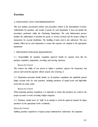 267
E
Ex
xe
er
rc
ci
is
se
es
s
A
A.
. P
PU
UR
RC
CH
HA
AS
SI
IN
NG
G A
AN
ND
D C
CA
AS
SH
H D
DI
IS
SB
BU
UR
RS
SE
EM
ME
EN
NT
TS
S
T
Th
hi
is
s a
ar
re
ea
a i
in
nc
cl
lu
ud
de
es
s p
pr
ro
oc
cu
ur
re
em
me
en
nt
t p
po
ol
li
ic
ci
ie
es
s a
an
nd
d p
pr
ro
oc
ce
ed
du
ur
re
es
s r
re
el
la
at
te
ed
d t
to
o t
th
he
e d
de
et
te
er
rm
mi
in
na
at
ti
io
on
n o
of
f n
ne
ee
ed
ds
s,
,
A
Au
ut
th
ho
or
ri
iz
za
at
ti
io
on
n f
fo
or
r p
pu
ur
rc
ch
ha
as
se
e,
, a
an
nd
d r
re
ec
ce
ei
ip
pt
t o
of
f g
go
oo
od
ds
s b
by
y e
ea
ac
ch
h d
de
ep
pa
ar
rt
tm
me
en
nt
t.
. I
It
t d
do
oe
es
s n
no
ot
t i
in
nc
cl
lu
ud
de
e t
th
he
e
p
pr
ro
oc
ce
ed
du
ur
re
es
s p
pe
er
rf
fo
or
rm
me
ed
d w
wi
it
th
hi
in
n t
th
he
e P
Pu
ur
rc
ch
ha
as
si
in
ng
g D
De
ep
pa
ar
rt
tm
me
en
nt
t.
. T
Th
he
e c
ca
as
sh
h d
di
is
sb
bu
ur
rs
se
em
me
en
nt
t p
pr
ro
oc
ce
es
ss
s
i
in
nc
cl
lu
ud
de
es
s t
th
he
e a
au
ut
th
ho
or
ri
iz
za
at
ti
io
on
n o
of
f p
pa
ay
ym
me
en
nt
t f
fo
or
r g
go
oo
od
ds
s o
or
r s
se
er
rv
vi
ic
ce
es
s r
re
ec
ce
ei
iv
ve
ed
d a
an
nd
d t
th
he
e p
pr
ro
op
pe
er
r c
co
od
di
in
ng
g o
of
f
t
tr
ra
an
ns
sa
ac
ct
ti
io
on
ns
s f
fo
or
r a
ac
cc
co
ou
un
nt
t d
di
is
st
tr
ri
ib
bu
ut
ti
io
on
n.
. T
Th
he
e h
ha
an
nd
dl
li
in
ng
g o
of
f p
pe
et
tt
ty
y c
ca
as
sh
h i
is
s a
al
ls
so
o a
ad
dd
dr
re
es
ss
se
ed
d.
. T
Th
hi
is
s a
ar
re
ea
a
i
in
nc
cl
lu
ud
de
es
s f
fo
ol
ll
lo
ow
w-
-u
up
p b
by
y e
ea
ac
ch
h d
de
ep
pa
ar
rt
tm
me
en
nt
t t
to
o e
en
ns
su
ur
re
e t
th
ha
at
t e
ex
xp
pe
en
ns
se
es
s a
ar
re
e c
ch
ha
ar
rg
ge
ed
d t
to
o t
th
he
e a
ap
pp
pr
ro
op
pr
ri
ia
at
te
e
d
de
ep
pa
ar
rt
tm
me
en
nt
t.
.
1
1.
. P
PR
RO
OC
CE
ES
SS
SI
IN
NG
G P
PU
UR
RC
CH
HA
AS
SE
E R
RE
EQ
QU
UI
IS
SI
IT
TI
IO
ON
NS
S:
:
1
1-
-1
1.
. R
Re
es
sp
po
on
ns
si
ib
bi
il
li
it
ty
y f
fo
or
r p
pu
ur
rc
ch
ha
as
se
e r
re
eq
qu
ui
is
si
it
ti
io
on
n a
ap
pp
pr
ro
ov
va
al
l s
sh
ho
ou
ul
ld
d b
be
e s
se
ep
pa
ar
ra
at
te
e f
fr
ro
om
m t
th
ha
at
t f
fo
or
r
p
pu
ur
rc
ch
ha
as
se
e r
re
eq
qu
ui
is
si
it
ti
io
on
n p
pr
re
ep
pa
ar
ra
at
ti
io
on
n,
, r
re
ec
co
or
rd
di
in
ng
g a
an
nd
d r
re
ec
ce
ei
iv
vi
in
ng
g f
fu
un
nc
ct
ti
io
on
ns
s.
.
R
Re
ea
as
so
on
n f
fo
or
r C
Co
on
nt
tr
ro
ol
l
T
Th
hi
is
s r
re
ed
du
uc
ce
es
s t
th
he
e a
ab
bi
il
li
it
ty
y o
of
f o
on
ne
e p
pe
er
rs
so
on
n t
to
o i
in
ni
it
ti
ia
at
te
e a
a p
pu
ur
rc
ch
ha
as
se
e,
, a
ap
pp
pr
ro
ov
ve
e t
th
he
e t
tr
ra
an
ns
sa
ac
ct
ti
io
on
n,
, a
an
nd
d
p
pr
ro
oc
ce
es
ss
s a
an
nd
d r
re
ec
co
or
rd
d t
th
he
e p
pa
ay
ym
me
en
nt
t w
wi
it
th
ho
ou
ut
t a
an
ny
yo
on
ne
e e
el
ls
se
e r
re
ev
vi
ie
ew
wi
in
ng
g i
it
t.
.
1
1-
-2
2.
. D
De
ep
pa
ar
rt
tm
me
en
nt
t p
pe
er
rs
so
on
nn
ne
el
l s
sh
ho
ou
ul
ld
d i
in
nc
cl
lu
ud
de
e o
on
n a
al
ll
l p
pu
ur
rc
ch
ha
as
se
e r
re
eq
qu
ui
is
si
it
ti
io
on
ns
s t
th
he
e a
ap
pp
pl
li
ic
ca
ab
bl
le
e g
ge
en
ne
er
ra
al
l
l
le
ed
dg
ge
er
r a
ac
cc
co
ou
un
nt
t c
co
od
de
e f
fo
or
r e
ea
ac
ch
h p
pu
ur
rc
ch
ha
as
se
e,
, i
in
nc
cl
lu
ud
di
in
ng
g p
pu
ur
rc
ch
ha
as
se
es
s o
of
f c
ca
ap
pi
it
ta
al
l a
as
ss
se
et
ts
s a
an
nd
d h
hi
ig
gh
h-
-d
do
ol
ll
la
ar
r
a
as
ss
se
et
ts
s t
th
ha
at
t a
ar
re
e e
ea
as
si
il
ly
y s
st
to
ol
le
en
n.
.
R
Re
ea
as
so
on
n f
fo
or
r C
Co
on
nt
tr
ro
ol
l
W
Wh
he
en
n p
pr
re
ep
pa
ar
ri
in
ng
g p
pu
ur
rc
ch
ha
as
se
e r
re
eq
qu
ui
is
si
it
ti
io
on
ns
s,
, i
it
t i
is
s i
im
mp
po
or
rt
ta
an
nt
t t
to
o e
en
ns
su
ur
re
e t
th
ha
at
t p
pu
ur
rc
ch
ha
as
se
es
s a
ar
re
e c
co
od
de
ed
d t
to
o t
th
he
e
p
pr
ro
op
pe
er
r a
ac
cc
co
ou
un
nt
ts
s t
to
o a
av
vo
oi
id
d e
ex
xc
ce
ee
ed
di
in
ng
g b
bu
ud
dg
ge
et
t c
ca
at
te
eg
go
or
ri
ie
es
s.
.
1
1-
-3
3.
. P
Pu
ur
rc
ch
ha
as
se
es
s s
sh
ho
ou
ul
ld
d n
ne
ev
ve
er
r b
be
e "
"s
sp
pl
li
it
t"
" i
in
n a
an
n a
at
tt
te
em
mp
pt
t t
to
o a
av
vo
oi
id
d t
th
he
e a
ap
pp
pr
ro
ov
va
al
l r
re
eq
qu
ui
ir
re
ed
d f
fo
or
r l
la
ar
rg
ge
er
r
p
pu
ur
rc
ch
ha
as
se
es
s b
by
y t
th
he
e a
ap
pp
pr
ro
op
pr
ri
ia
at
te
e l
le
ev
ve
el
ls
s o
of
f a
au
ut
th
ho
or
ri
it
ty
y.
.
R
Re
ea
as
so
on
n f
fo
or
r C
Co
on
nt
tr
ro
ol
l
S
Sp
pl
li
it
tt
ti
in
ng
g p
pu
ur
rc
ch
ha
as
se
e r
re
eq
qu
ui
is
si
it
ti
io
on
ns
s t
to
o b
by
yp
pa
as
ss
s p
pr
ro
op
pe
er
r a
au
ut
th
ho
or
ri
iz
za
at
ti
io
on
ns
s u
un
nd
de
er
rm
mi
in
ne
es
s t
th
he
e c
co
om
mp
pa
an
ni
ie
es
s
 