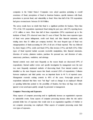 223
c
co
om
mp
pa
an
ni
ie
es
s i
in
n t
th
he
e U
Un
ni
it
te
ed
d S
St
ta
at
te
es
s.
.1
1 C
Co
om
mp
pa
an
ni
ie
es
s w
we
er
re
e a
as
sk
ke
ed
d q
qu
ue
es
st
ti
io
on
ns
s p
pe
er
rt
ta
ai
in
ni
in
ng
g t
to
o o
ov
ve
er
ra
al
ll
l
a
aw
wa
ar
re
en
ne
es
ss
s o
of
f f
fr
ra
au
ud
d,
, p
pe
er
rc
ce
ep
pt
ti
io
on
ns
s o
of
f f
fr
ra
au
ud
d i
in
n A
Am
me
er
ri
ic
ca
an
n b
bu
us
si
in
ne
es
ss
s,
, s
sp
pe
ec
ci
if
fi
ic
c i
in
ns
st
ta
an
nc
ce
es
s w
wi
it
th
h f
fr
ra
au
ud
d,
,
p
pr
ro
oc
ce
ed
du
ur
re
es
s t
to
o p
pr
re
ev
ve
en
nt
t f
fr
ra
au
ud
d,
, a
an
nd
d v
vu
ul
ln
ne
er
ra
ab
bi
il
li
it
ty
y t
to
o f
fr
ra
au
ud
d.
. M
Mo
or
re
e t
th
ha
an
n h
ha
al
lf
f o
of
f t
th
he
e 3
33
30
0 r
re
es
sp
po
on
nd
de
en
nt
ts
s
h
ha
ad
d g
gr
ro
os
ss
s r
re
ev
ve
en
nu
ue
e/
/a
as
ss
se
et
ts
s b
be
et
tw
we
ee
en
n $
$1
1-
-$
$4
4.
.9
9 b
bi
il
ll
li
io
on
n.
.
T
Th
he
e s
su
ur
rv
ve
ey
y r
re
es
su
ul
lt
ts
s l
le
ea
av
ve
e n
no
o d
do
ou
ub
bt
t t
th
ha
at
t f
fr
ra
au
ud
d i
is
s a
a s
si
ig
gn
ni
if
fi
ic
ca
an
nt
t p
pr
ro
ob
bl
le
em
m f
fo
or
r b
bu
us
si
in
ne
es
ss
s.
. M
Mo
or
re
e t
th
ha
an
n
7
75
5%
% o
of
f t
th
he
e 3
33
30
0 r
re
es
sp
po
on
nd
de
en
nt
ts
s e
ex
xp
pe
er
ri
ie
en
nc
ce
ed
d f
fr
ra
au
ud
d d
du
ur
ri
in
ng
g t
th
he
e p
pa
as
st
t y
ye
ea
ar
r,
, w
wi
it
th
h 2
23
3%
% r
re
ep
po
or
rt
ti
in
ng
g l
lo
os
ss
se
es
s
o
of
f $
$1
1 m
mi
il
ll
li
io
on
n o
or
r m
mo
or
re
e.
. M
Mo
or
re
e t
th
ha
an
n h
ha
al
lf
f o
of
f t
th
he
es
se
e r
re
es
sp
po
on
nd
de
en
nt
ts
s (
(5
58
8%
%)
) e
ex
xp
pe
er
ri
ie
en
nc
ce
ed
d u
up
p t
to
o f
fi
iv
ve
e
i
in
nc
ci
id
de
en
nt
ts
s o
of
f f
fr
ra
au
ud
d;
; 2
25
5%
% o
ob
bs
se
er
rv
ve
ed
d m
mo
or
re
e t
th
ha
an
n 2
21
1 c
ca
as
se
es
s o
of
f f
fr
ra
au
ud
d.
. T
Th
he
e t
th
hr
re
ee
e m
mo
os
st
t e
ex
xp
pe
en
ns
si
iv
ve
e t
ty
yp
pe
es
s
o
of
f f
fr
ra
au
ud
d w
we
er
re
e p
pa
at
te
en
nt
t i
in
nf
fr
ri
in
ng
ge
em
me
en
nt
t,
, c
cr
re
ed
di
it
t c
ca
ar
rd
d f
fr
ra
au
ud
d,
, a
an
nd
d f
fa
al
ls
se
e f
fi
in
na
an
nc
ci
ia
al
l s
st
ta
at
te
em
me
en
nt
ts
s,
, e
ea
ac
ch
h
t
to
ot
ta
al
li
in
ng
g m
mo
or
re
e t
th
ha
an
n $
$1
1 m
mi
il
ll
li
io
on
n p
pe
er
r c
co
om
mp
pa
an
ny
y i
in
nv
vo
ol
lv
ve
ed
d.
. T
Th
he
e m
mo
os
st
t f
fr
re
eq
qu
ue
en
nt
t t
ty
yp
pe
e o
of
f f
fr
ra
au
ud
d w
wa
as
s
m
mi
is
sa
ap
pp
pr
ro
op
pr
ri
ia
at
ti
io
on
n o
of
f f
fu
un
nd
ds
s-
-a
ac
cc
co
ou
un
nt
ti
in
ng
g f
fo
or
r 2
20
0%
% o
of
f a
al
ll
l a
ac
ct
ts
s o
of
f f
fr
ra
au
ud
d r
re
ep
po
or
rt
te
ed
d.
. T
Th
hi
is
s w
wa
as
s f
fo
ol
ll
lo
ow
we
ed
d
b
by
y c
ch
he
ec
ck
k f
fo
or
rg
ge
er
ry
y (
(1
19
9%
%)
),
, c
cr
re
ed
di
it
t c
ca
ar
rd
d f
fr
ra
au
ud
d (
(1
15
5%
%)
),
, f
fa
al
ls
se
e i
in
nv
vo
oi
ic
ce
es
s (
(1
15
5%
%)
),
, a
an
nd
d t
th
he
ef
ft
t (
(1
12
2%
%)
).
. O
Ot
th
he
er
r
t
ty
yp
pe
es
s o
of
f f
fr
ra
au
ud
d r
re
ep
po
or
rt
te
ed
d i
in
nc
cl
lu
ud
de
e a
ac
cc
co
ou
un
nt
ts
s r
re
ec
ce
ei
iv
va
ab
bl
le
e m
ma
an
ni
ip
pu
ul
la
at
ti
io
on
n,
, f
fa
al
ls
se
e f
fi
in
na
an
nc
ci
ia
al
l s
st
ta
at
te
em
me
en
nt
ts
s,
,
d
di
iv
ve
er
rs
si
io
on
n o
of
f s
se
er
rv
vi
ic
ce
e,
, p
ph
ha
an
nt
to
om
m v
ve
en
nd
do
or
rs
s,
, p
pu
ur
rc
ch
ha
as
se
e f
fo
or
r p
pe
er
rs
so
on
na
al
l u
us
se
e,
, a
an
nd
d d
di
iv
ve
er
rs
si
io
on
n o
of
f s
sa
al
le
es
s,
,
u
un
nn
ne
ec
ce
es
ss
sa
ar
ry
y p
pu
ur
rc
ch
ha
as
se
es
s,
, v
va
an
nd
da
al
li
is
sm
m,
, a
an
nd
d s
sa
ab
bo
ot
ta
ag
ge
e.
.
I
In
nt
te
er
rn
na
al
l c
co
on
nt
tr
ro
ol
ls
s w
we
er
re
e c
ci
it
te
ed
d m
mo
os
st
t f
fr
re
eq
qu
ue
en
nt
tl
ly
y a
as
s t
th
he
e r
re
ea
as
so
on
n f
fr
ra
au
ud
ds
s a
ar
re
e d
di
is
sc
co
ov
ve
er
re
ed
d (
(5
59
9%
% o
of
f
r
re
es
sp
po
on
nd
de
en
nt
ts
s)
).
. I
In
nt
te
er
rn
na
al
l a
au
ud
di
it
to
or
r r
re
ev
vi
ie
ew
w a
an
nd
d s
sp
pe
ec
ci
if
fi
ic
c i
in
nv
ve
es
st
ti
ig
ga
at
ti
io
on
n b
by
y m
ma
an
na
ag
ge
em
me
en
nt
t w
we
er
re
e t
th
he
e n
ne
ex
xt
t
t
tw
wo
o m
mo
os
st
t f
fr
re
eq
qu
ue
en
nt
tl
ly
y m
me
en
nt
ti
io
on
ne
ed
d m
me
et
th
ho
od
ds
s o
of
f d
di
is
sc
co
ov
ve
er
ri
in
ng
g f
fr
ra
au
ud
d.
. P
Po
oo
or
r i
in
nt
te
er
rn
na
al
l c
co
on
nt
tr
ro
ol
ls
s w
we
er
re
e
i
id
de
en
nt
ti
if
fi
ie
ed
d a
as
s t
th
he
e m
mo
os
st
t f
fr
re
eq
qu
ue
en
nt
t r
re
ea
as
so
on
n t
th
ha
at
t f
fr
ra
au
ud
ds
s o
oc
cc
cu
ur
rr
re
ed
d (
(5
56
6%
% o
of
f r
re
es
sp
po
on
nd
de
en
nt
ts
s)
).
. C
Co
ol
ll
lu
us
si
io
on
n
b
be
et
tw
we
ee
en
n e
em
mp
pl
lo
oy
ye
ee
es
s a
an
nd
d t
th
hi
ir
rd
d p
pa
ar
rt
ti
ie
es
s w
wa
as
s a
an
n i
im
mp
po
or
rt
ta
an
nt
t f
fa
ac
ct
to
or
r i
in
n 4
44
4 %
% o
of
f r
re
ep
po
or
rt
te
ed
d c
ca
as
se
es
s.
.
M
Ma
an
na
ag
ge
em
me
en
nt
t o
ov
ve
er
rr
ro
od
de
e e
ex
xi
is
st
ti
in
ng
g c
co
on
nt
tr
ro
ol
ls
s i
in
n 4
40
0%
% o
of
f t
th
he
e c
ca
as
se
es
s.
. F
Fo
or
rt
ty
y-
-e
ei
ig
gh
ht
t p
pe
er
rc
ce
en
nt
t o
of
f
r
re
es
sp
po
on
nd
de
en
nt
ts
s i
in
nd
di
ic
ca
at
te
ed
d t
th
ha
at
t t
th
he
er
re
e w
we
er
re
e "
"r
re
ed
d f
fl
la
ag
gs
s"
" -
-s
su
uc
ch
h a
as
s c
ch
ha
an
ng
ge
es
s i
in
n a
an
n e
em
mp
pl
lo
oy
ye
ee
e'
's
s l
li
if
fe
es
st
ty
yl
le
e
o
or
r s
sp
pe
en
nd
di
in
ng
g h
ha
ab
bi
it
ts
s-
-t
th
ha
at
t p
po
oi
in
nt
te
ed
d t
to
o t
th
he
e p
po
os
ss
si
ib
bi
il
li
it
ty
y o
of
f f
fr
ra
au
ud
d(
(s
s)
),
, b
bu
ut
t t
th
he
es
se
e r
re
ed
d f
fl
la
ag
gs
s w
we
er
re
e e
ei
it
th
he
er
r
i
ig
gn
no
or
re
ed
d o
or
r n
no
ot
t a
ac
ct
te
ed
d u
up
po
on
n q
qu
ui
ic
ck
kl
ly
y e
en
no
ou
ug
gh
h b
by
y p
pe
er
rs
so
on
nn
ne
el
l o
or
r m
ma
an
na
ag
ge
em
me
en
nt
t.
.
C
Co
om
mp
pu
ut
te
er
r P
Pr
ro
oc
ce
es
ss
si
in
ng
g a
an
nd
d E
Ex
xp
po
os
su
ur
re
es
s
M
Ma
an
ny
y a
as
sp
pe
ec
ct
ts
s o
of
f c
co
om
mp
pu
ut
te
er
r p
pr
ro
oc
ce
es
ss
si
in
ng
g t
te
en
nd
d t
to
o s
si
ig
gn
ni
if
fi
ic
ca
an
nt
tl
ly
y i
in
nc
cr
re
ea
as
se
e a
an
n o
or
rg
ga
an
ni
iz
za
at
ti
io
on
n'
's
s e
ex
xp
po
os
su
ur
re
e
t
to
o u
un
nd
de
es
si
ir
ra
ab
bl
le
e e
ev
ve
en
nt
ts
s.
. S
So
om
me
e a
as
sp
pe
ec
ct
ts
s o
of
f c
co
om
mp
pu
ut
te
er
r p
pr
ro
oc
ce
es
ss
si
in
ng
g i
in
nc
cr
re
ea
as
se
e e
ei
it
th
he
er
r t
th
he
e r
ri
is
sk
k a
an
nd
d/
/o
or
r
p
po
ot
te
en
nt
ti
ia
al
l d
do
ol
ll
la
ar
r l
lo
os
ss
s o
of
f e
ex
xp
po
os
su
ur
re
es
s t
th
ha
at
t w
wo
ou
ul
ld
d e
ex
xi
is
st
t i
in
n a
an
n o
or
rg
ga
an
ni
iz
za
at
ti
io
on
n r
re
eg
ga
ar
rd
dl
le
es
ss
s o
of
f w
wh
he
et
th
he
er
r o
or
r
n
no
ot
t c
co
om
mp
pu
ut
te
er
r p
pr
ro
oc
ce
es
ss
si
in
ng
g w
wa
as
s e
em
mp
pl
lo
oy
ye
ed
d.
. O
Ot
th
he
er
r a
as
sp
pe
ec
ct
ts
s o
of
f c
co
om
mp
pu
ut
te
er
r p
pr
ro
oc
ce
es
ss
si
in
ng
g c
cr
re
ea
at
te
e t
th
he
ei
ir
r
o
ow
wn
n t
ty
yp
pe
es
s o
of
f e
ex
xp
po
os
su
ur
re
es
s.
.
 