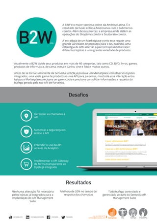 A B2W é o maior varejista online da América Latina. É o
resultado da fusão entre a Americanas.com e Submarino.
com.br. Além dessas marcas, a empresa ainda detêm as
operações do Shoptime.com.br e Soubarato.com.br.
A estratégia de um Marketplace como esse requer uma
grande variedade de produtos para o seu sucesso, uma
estratégia de APIs abertas à parceiros possibilita trazer
diferentes lojistas e uma grande variedade de produtos.
Atualmente a B2W divide seus produtos em mais de 40 categorias, tais como CD, DVD, livros, games,
produtos de informática, de cama, mesa e banho, cine e foto e muitos outros.
Antes de se tornar um cliente da Sensedia, a B2W já possuia um Marketplace com diversos lojistas
integrados, uma vasta gama de produtos e uma API para parceiros, mas toda essa interação entre
lojistas e Marketplace precisava ser gerenciada e precisava consolidar informações a respeito do
tráfego gerado pela sua API de Parceiros.
Desafios
Gerenciar as chamadas à
API
Entender o uso da API
através de Analytics
Implementar o API Gateway
de forma transparente ao
lojista já integrado
Aumentar a segurança no
acesso a API
Resultados
Todo tráfego controlado e
gerenciado através do Sensedia API
Management Suite
Melhora de 20% no tempo de
resposta das chamadas
Nenhuma alteração foi necessária
pelos lojistas já integrados para a
implantação do API Management
Suite
sensedia.com /company/sensedia /sensedia /sensedia