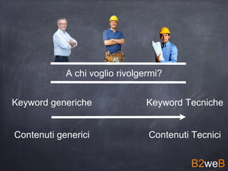 A chi voglio rivolgermi?
Keyword generiche Keyword Tecniche
Contenuti generici Contenuti Tecnici
B2weB
 