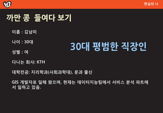 현실의 나



까만 콩 들여다 보기
이름 : 김남미

나이 : 30대

성별 : 여
                 30대 평범한 직장인
다니는 회사: KTH

대학전공: 지리학과(사회과학대), 문과 출신

GIS 개발자로 일해 왔으며, 현재는 데이터지능팀에서 서비스 분석 파트에
서 일하고 있음.
 