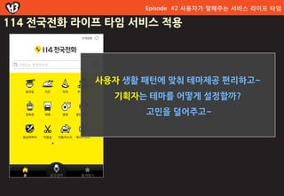 Episode #2 사용자가 말해주는 서비스 라이프 타임

114 젂국젂화 라이프 타임 서비스 적용




           사용자 생활 패턴에 맞춰 테마제공 편리하고~
             기획자는 테마를 어떻게 설정할까?
                  고민을 덜어주고~
 