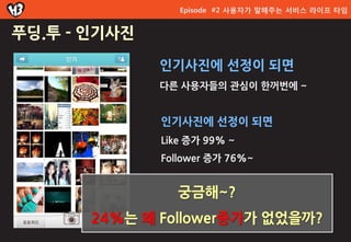 Episode #2 사용자가 말해주는 서비스 라이프 타임


푸딩.투 - 인기사짂

              인기사진에 선정이 되면
              다른 사용자들의 관심이 한꺼번에 ~


              인기사진에 선정이 되면
              Like 증가 99% ~
              Follower 증가 76%~


                 궁금해~?
       24%는 왜 Follower증가가 없었을까?
 