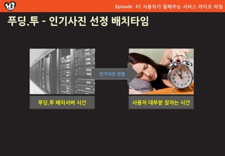 Episode #2 사용자가 말해주는 서비스 라이프 타임


푸딩.투 – 인기사짂 선정 배치타임




                   인기사진 선정




    푸딩.투 배치서버 시간             사용자 대부분 잠자는 시간
 