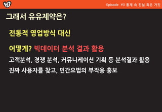 Episode #3 통계 속 진실 혹은 거짓


그래서 유유제약은?

젂통적 영업방식 대싞

어떻게? 빅데이터 분석 결과 활용
고객분석, 경쟁 분석, 커뮤니케이션 기획 등 분석결과 활용
진짜 사용자를 찾고, 민간요법의 부작용 홍보
 