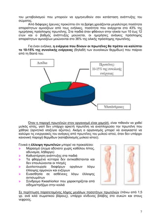 ηνπ κεηαβνιηζκνχ πνπ κπνξνχλ λα εξκελεπζνχλ ζαλ θαηάζηαζε αλάπηπμεο ηνπ
ζψκαηνο.
      Απφ δηάθνξεο έξεπλεο πξνθχπηεη φηη ηα βξέθε ρξεηάδνληαη κεγαιχηεξε πνζφηεηα
απαξαίηεησλ ακηλνμέσλ απφ ηνπο ελήιηθεο, πνζφηεηα πνπ αλέξρεηαη ζην 43% ηεο
εκεξήζηαο πξφζιεςεο πξσηεΐλεο. Σηα παηδηά φηαλ θζάλνπλ ζηελ ειηθία ησλ 10 έσο 12
εηψλ θαη ν βαζκφο αλάπηπμεο κεηψλεηαη, νη εκεξήζηεο αλάγθεο πξφζιεςεο
απαξαίηεησλ ακηλνμέσλ κεηψλνληαη ζην 36% ηεο νιηθήο πξφζιεςεο πξσηεΐλεο.

      Γηα έλαλ ελήιηθα, ε ελέξγεηα πνπ δίλνπλ νη πξσηεΐλεο ζα πξέπεη λα θαιύπηεη
ην 10-15% ηεο ζπλνιηθήο ελέξγεηαο (δειαδή ησλ ζπλνιηθψλ ζεξκίδσλ) πνπ παίξλεη
απφ ηε δίαηηά ηνπ.




      Όηαλ ε παξνρή πξσηετλψλ ζηνλ νξγαληζκφ είλαη ρακειή, είλαη πηζαλφλ λα ραζεί
κπτθφο ηζηφο, γηαηί δελ ππάξρεη αξθεηή πξσηεΐλε λα αλαπιεξψζεη ηελ πξσηεΐλε πνπ
ράζεθε (αξλεηηθφ ηζνδχγην αδψηνπ). Αθφκε ν νξγαληζκφο κπνξεί λα αλαγθαζηεί λα
θαιχςεη ηηο ελεξγεηαθέο ηνπ αλάγθεο απφ πξσηεΐλεο ηνπ κπτθνχ ηζηνχ, φηαλ δελ ππάξρεη
θαλνληθή παξνρή ζεξκίδσλ (θαηαβνιηζκφο κπτθνχ ηζηνχ).

Γεληθά ε έιιεηςε πξσηετλώλ κπνξεί λα πξνθαιέζεη:
    Μαξαζκφ (ζψκα αδχλαην ρσξίο θαζφινπ ιίπνο,
     αδπλακία, ιήζαξγν)
    Καζπζηέξεζε αλάπηπμεο ζηα παηδηά
    Τα θζαξκέλα θχηηαξα δελ αληηθαζίζηαληαη θαη
     δελ επνπιψλνληαη νη πιεγέο
    Γπζιεηηνπξγία   δηαθφξσλ νξγάλσλ      ιφγσ
     έιιεηςεο νξκνλψλ θαη ελδχκσλ
    Δπαηζζεζία ζε αζζέλεηεο ιφγσ έιιεηςεο
     αληηζσκάησλ
    Σχλδξνκν Kwashiorkor πνπ ραξαθηεξίδεηαη απφ
     νίδεκα/πξήμηκν ζηελ θνηιηά

Σε πεξίπησζε παξαηεηακέλεο ιήςεο κεγάισλ πνζνηήησλ πξσηετλψλ (πάλσ απφ 1,5
γξ. αλά θηιφ ζσκαηηθνχ βάξνπο), ππάξρεη θίλδπλνο βιάβεο ζην ζπθψηη θαη ζηνπο
λεθξνχο.


                                                                                  7
 