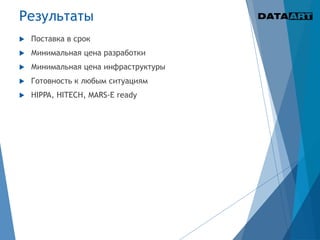 Результаты
 Поставка в срок
 Минимальная цена разработки
 Минимальная цена инфраструктуры
 Готовность к любым ситуациям
 HIPPA, HITECH, MARS-E ready
 