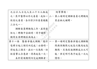 25
之公正人士九人至二十七人組成
之；其中醫學以外之委員，或任一
性別之委員，各不得少於委員總數
三分之一。
調解委員聘期為三年，並得連
任之；聘期中出缺時，得予補聘，
期間至原聘期屆滿為止。
例等事項。
二、 第二項明定調解委員之聘期及
其出缺之補聘。
第十一條 醫療爭議之調解，應於
受理日起三個月內完成；必要時，
得延長三個月，並以一次為限。但
經當事人合意者，得再延長一次。
未於前項期間內完成調解者，
一、 第一項明定醫療爭議之調解期
限與該期限之延長次數及延長
期限，另為促進調解成立之可
能，併定明可再予延長一次之
情形。
行
政
院
行
政
院
第
3595次
院
會
會
議
910D2EE62880D43F
 