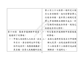 31
第二百三十七條第一項所定六個
月之告訴期間，進而影響當事人
行使告訴權，爰於第三項規定當
事人申請調解且調解不成立，於
一定期間內提起告訴者，視為已
經提起告訴之情形。
第十四條 醫療爭議調解申請書，
應載明下列事項：
一、申請人及相對人之姓名、出生
年月日、身分證明文件字號、
住所或居所；為醫療機構者，
其名稱、負責人及機構所在地
一、明定醫療爭議調解申請書應載
明事項。
二、 本條之適用對象為自行申請調
解之民眾，法院或檢察官依第
十二條及第十三條移付或函請
調解者，不適用之。
行
政
院
行
政
院
第
3595次
院
會
會
議
910D2EE62880D43F
 