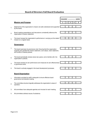 Board of Directors Full Board Evaluation


                                                                                   DISAGREE ------------------ AGREE

     Mission and Purpose                                                             1      2     3     4       5

     Statements of the organization’s mission are well understood and supported
1.
     by the board.


     Board meeting presentations and discussions consistently reference the
2.
     organization’s mission statement.


     The board reviews the organization’s performance in carrying out the stated
3.
     mission on a regular basis.


     Governance

1.
     The board exercises its governance role: Ensuring that the organization
     supports and upholds the mission statement, core values, vision statement,
     and conflict of interest policies.


     The board periodically reviews (every two years), and is familiar with, the
2.
     organization’s policies.


     The board reviews its own performance and measures its own effectiveness
3.
     in governance work.

4.   The board is actively engaged in the board development processes.



     Board Organization

     Information provided by staff is adequate to ensure effective board
1.
     governance and decision-making.


     The committee structure logically addresses the organization’s areas of
2.
     operation.


3.   All committees have adequate agendas and minutes for each meeting.


4.   All committees address issues of substance.




Page 2 of 4
 