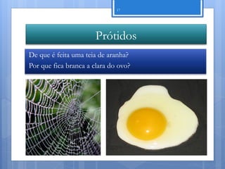 17




                       Prótidos
De que é feita uma teia de aranha?
Por que fica branca a clara do ovo?




                                      Nuno Correia 11/12
 
