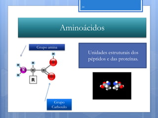 20




              Aminoácidos

Grupo amina
                         Unidades estruturais dos
                         péptidos e das proteínas.




         Grupo
        Carboxilo
                                             Nuno Correia 11/12
 