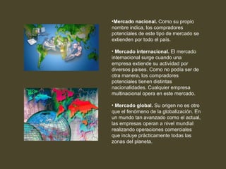 •Mercado nacional. Como su propio
nombre indica, los compradores
potenciales de este tipo de mercado se
extienden por todo el país.
• Mercado internacional. El mercado
internacional surge cuando una
empresa extiende su actividad por
diversos países. Como no podía ser de
otra manera, los compradores
potenciales tienen distintas
nacionalidades. Cualquier empresa
multinacional opera en este mercado.
• Mercado global. Su origen no es otro
que el fenómeno de la globalización. En
un mundo tan avanzado como el actual,
las empresas operan a nivel mundial
realizando operaciones comerciales
que incluye prácticamente todas las
zonas del planeta.
 