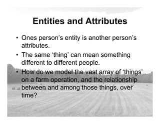 Entities and Attributes
• Ones person’s entity is another person’s
attributes.
• The same ‘thing’ can mean something
different to different people.
• How do we model the vast array of ‘things’
on a farm operation, and the relationship
between and among those things, over
time?
 