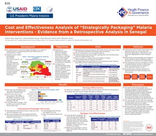 Cost and Effectiveness Analysis of “Strategically Packaging” Malaria
Interventions - Evidence from a Retrospective Analysis in Senegal
www.abtassociates.com
Background
B30
www.hfgproject.orgMarch 2018
Sophie Faye1
; Altea Cico1
; Alioune Badara Gueye2
; Elaine Baruwa1
; Martin Alilio3
; Benjamin Johns1
1
Abt Associates, USA; 2
Senegal National Malaria Control Program (PNLP); 3
U.S. President’s Malaria Initiative, U.S. Agency for International Development, USA
 As countries strive to achieve malaria elimination in a context of
limited resources, understanding the cost-effectiveness of
interventions is critical.
 However, policy makers
and planners
lack reliable
and country-specific
cost and
cost-effectiveness
analyses (CEA) that
could be used to
identify efficient
combinations of
interventions leading
to rapid progress
towards malaria
elimination.
 Estimate cost
effectiveness ratios
(CER) for different
packages of malaria
interventions in Senegal
using routine national
program and health
information system data,
as opposed to modelling.
 Compare those
cost-effectiveness ratios
(CERs), measured as the
cost per disability
adjusted life year (DALY)
averted, to identify
potential efficiency gains
and to draw lessons as
malaria epidemiology
continues to evolve in
Senegal.
Objectives Data Methods
 Total annual costs for each intervention were
obtained using a mix of top down and
bottom up approaches. Interventions costs
were then aggregated to obtain package
costs
 Effectiveness of the packages was measured
by the number of DALYs averted per 1000
population in the districts of implementation
 The cumulative costs of a package in its area
of implementation (control or elimination
areas) was divided with the number of
DALYs averted to obtain its CER
 Expected logical pathway between the
implementation of malaria packages and
effectiveness
Table 1: Output measures and data sources for each intervention
Table 4: Malaria burden changes over study period by package
Table 5: Cost effectiveness ratios by malaria package
(Source: National Malaria Control Strategic Plan 2016-2020)
Figure 1. Interventions targeted to incidence,
by district
 Retrospective analysis focused on 2013-2014: the first two years where
the described interventions packages were all ongoing
 District level data for all of Senegal 76 districts
 Costing analysis from the provider’s perspective; only including direct
financial implementation costs
 Data on number of malaria cases and number of malaria
related deaths were provided by the NMCP
 Coverage/output and costs data for each intervention were obtained
from NMCP or from implementing partners
Results
Table 2: Unit Costs by intervention
Table 3: Unit Costs by package
Implementation
of a Package
Decreased
Malaria
Incidence and
Mortality
Decreased
Disability
Adjusted Life
Years (DALY)
Increased
Effectiveness
Discussion
 The results of this study suggest that
Senegal’s strategy of deploying interventions
in packages based on area incidence is
effective because malaria burden decreased
for all packages during our study period
(2013-2014). Moreover, our study findings
show that all packages used in Senegal are
cost effective according to the WHO threshold
 The cost per DALY for the SUFI+RCI package
provides insights into the short term costs and
corresponding outcomes of malaria
interventions targeting elimination areas
 Strong systems for collecting data on disease
surveillance and intervention outcomes (like
the one in Senegal) are needed for conducting
such country specific studies and inform
decision making, especially as a country
moves towards elimination
Acknowledgements
We would like to express our sincere gratitude to the staff at the
National Malaria Control Program and the Ministry of Health.
We also like to thank the staff from the Pharmacie Nationale
d’Approvisionnement (PNA), the Institut de Recherche pour le
Développement (IRD), and the Institut de Santé et Développement
(ISED) at Université Cheikh Anta Diop, for their kind collaboration.
As well as the staff of various malaria implementing partners in
Senegal (IntraHealth,
PATH/MACEPA, ChildFund, ADEMAS, Abt Associates/AIRS).
We are very grateful to Moussa Dieng, and to the
Abt Associates staff in Senegal, without whom data collection
would not have been possible.
Interventions/Packages Total Costs Package Effectiveness
 SUFI only has the highest total
cost with LLINs accounting for
almost 80 % of that costs.
 SUFI (LLINs, IPTp, case
management, PECADOM) is
the largest component of all
other packages except in the
packages with IRS.
 In the SUFI+SMC package, SUFI
an SMC each account for about
50% of total costs.
Interventions/Packages Unit Costs
 The prevention interventions have a lower unit cost
than the treatment ones.
 IRS has the highest unit cost among preventive
interventions and RCI has the highest one among
treatment interventions.
Figure 3: Total annual cost of packages (USD)
- 1,000,000 2,000,000 3,000,000 4,000,000 5,000,000 6,000,000
SUFI-only (54 districts)
SUFI+IRS (2 districts)
SUFI+SMC (14 districts)
SUFI+IRS+SMC (2 districts)
SUFI+RCI (4 districts)
LLIN IPTp PECADOM Case management IRS SMC RCI
 The packages with IRS have
the highest unit cost.
 SUFI only have the lowest unit
cost.
Intervention
Type
Unit Costs per
Beneficiary (USD)
Prevention
IRS 3.57
LLIN 0.91
SMC 2.38
IPTp 0.56
Intervention
Type
Unit Costs per
Beneficiary (USD)
Treatment
PECADOM 9.25
RCI 9.82
Case management 1.43
Packages
Unit cost per
capita* (USD)
SUFI+SMC+IRS 4.55
SUFI +IRS 4.19
SUFI +SMC 1.52
SUFI +RCI 1.09
SUFI only 0.54
 There was a decrease in malaria burden over the period 2013-2014 for all indicators
 Packages with SMC had the largest decrease in incidence
*Unit cost is calculated using the population of the
areas where a package is implemented
*Incidence, mortality, and DALYs rates are respectively in number per 1,000 population. The comparison is over the period 2013 -2014.
Package
Number of
districts
Average
baseline
incidence
rate*
Change in
average
incidence
rate
Average
baseline
mortality
rate*
Change in
average
mortality
rate
Average
baseline
DALYs rate*
Change in
average
DALYs rate
SUFI only 54 36.1 -31.9% 0.07 -33.4% 4.61 -33.3%
SUFI + IRS 2 29.2 -37.6% 0.11 -78.8% 6.84 -78.3%
SUFI + SMC 14 264.1 -52.6% 0.46 -73.7% 28.30 -73.1%
SUFI + SMC + IRS 2 79.8 -52.2% 0.29 -88.9% 17.68 -88.3%
SUFI + RCI 4 35.9 -52.0% 0.03 -7.6% 1.99 -9.8%
Package Cost Effectiveness
 Using the WHO guidelines, we
conclude that all packages are
“very cost effective” (CER less
than the country GDP per capita
of $1,067) except for the SUFI+RCI
package which is just “cost
effective” (CER less than 3 times
the GDP per capita).
 Relatively to packages in control
areas, SUFI+SMC is the most cost
effective.
Packages
Cost per DALY
averted
Sensitivity analysis*
Lower value Upper value
Sufi only 130 103 235
Sufi+IRS 582 456 836
Sufi+SMC 76 61 113
Sufi+SMC+IRS 272 217 376
Sufi+RCI 1,591 1,119 3,237
Interventions Output Measures Data Sources
LLINs
# of nets distributed through mass campaigns and routine
distribution, % of net possession in households
DHS, IntraHealth M&E
data/routine NMCP data
IPTp # of pregnant women who received at least two doses routine NMCP data
RDTs/ ACTs
# of cases tested / # of cases confirmed and treated
(health facility) routine NMCP data
PECADOM
# of cases tested / # of cases confirmed and treated
(community) routine NMCP data
SMC # of children protected-who received the required 3 doses routine NMCP data
IRS # of structures sprayed / # of individuals protected
PMI AIRS project M&E
data/routine NMCP data
RCI # of cases tested/# of cases confirmed and treated
ATH-MACEPA M&E
data/routine NMCP data
 