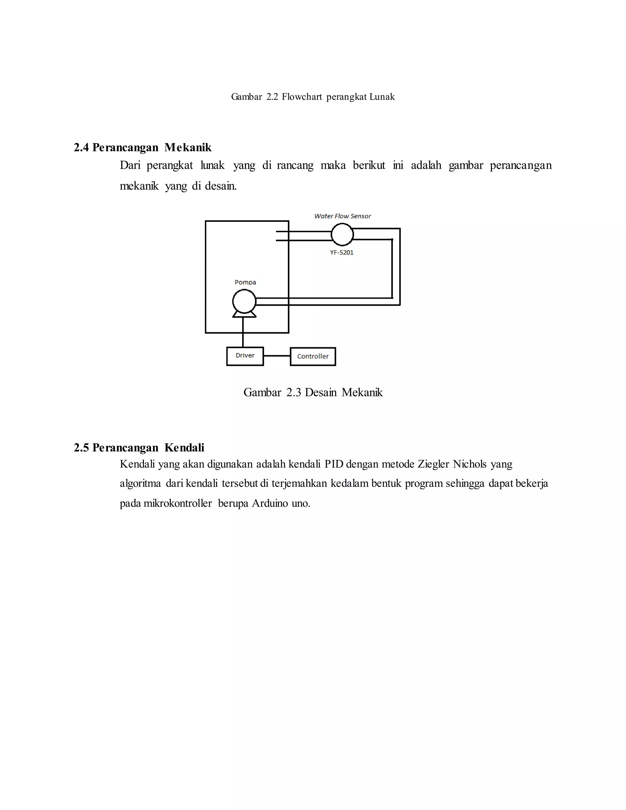 Gambar 2.2 Flowchart perangkat Lunak
2.4 Perancangan Mekanik
Dari perangkat lunak yang di rancang maka berikut ini adalah gambar perancangan
mekanik yang di desain.
Gambar 2.3 Desain Mekanik
2.5 Perancangan Kendali
Kendali yang akan digunakan adalah kendali PID dengan metode Ziegler Nichols yang
algoritma dari kendali tersebut di terjemahkan kedalam bentuk program sehingga dapat bekerja
pada mikrokontroller berupa Arduino uno.
 