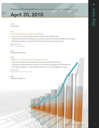 day two
Budgeting and Forecasting 2010: Restructure Your Forecasting for Improved Reporting



April 20, 2010
12:15
Lunch Break


1:15
Develop Good Forecasts from Bad Data ©
  Learn how to create accurate forecasts with less-than-perfect data
  Understand common challenges such as data collection problems and data storage issues
  Develop strategies to reduce the likelihood of bad data being generated
Ellen Bonnell –
CEO, Trend Savants


2:15
Break & Refreshments


2:30
Transition from Traditional to Rolling Forecasts
  Discover the different methods that can be used with rolling forecasts
  Showcase rolling forecasts as a useful tool for further fueling goals and performance
  Find ways to perform a company-wide initiative on the new budgeting process
Mitch Max
Managing Partner, DecisionVu


4:00
Conference Adjourns




                                                                            www.ASMIweb.com/Forecast
                                                                            www.ASMIweb.com/Forecast
                                                                             ww ASM   b com F r             5
 