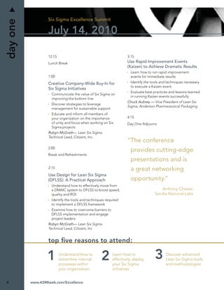 Six Sigma Excellence Summit
day one
                  July 14, 2010

                  12:15                                           3:15
                  Lunch Break                                     Use Rapid Improvement Events
                                                                  (Kaizen) to Achieve Dramatic Results
                                                                    Learn how to run rapid improvement
                  1:00                                              events for immediate results
                  Creative Company-Wide Buy-In for                  Identify the tools and techniques necessary
                                                                    to execute a Kaizen event
                  Six Sigma Initiatives
                                                                    Evaluate best practices and lessons learned
                    Communicate the value of Six Sigma on
                                                                    in running Kaizen events successfully
                    improving the bottom line
                                                                  Chuck Aubrey — Vice President of Lean Six
                    Discover strategies to leverage
                                                                  Sigma, Anderson Pharmaceutical Packaging
                    management for sustainable support
                    Educate and inform all members of
                    your organization on the importance           4:15
                    of unity and focus when working on Six        Day One Adjourns
                    Sigma projects
                  Robyn McGrath— Lean Six Sigma
                  Technical Lead, Citizant, Inc.
                                                                  “The conference
                  2:00
                                                                    provides cutting-edge
                  Break and Refreshments
                                                                    presentations and is
                  2:15
                                                                    a great networking
                  Use Design for Lean Six Sigma
                  (DFLSS): A Practical Approach                     opportunity.”
                    Understand how to effectively move from
                    a DMAIC system to DFLSS to boost speed,                           Anthony Chavez;
                    quality and ROI                                                Sandia National Labs
                    Identify the tools and techniques required
                    to implement a DFLSS framework
                    Examine how to overcome barriers to
                    DFLSS implementation and engage
                    project leaders
                  Robyn McGrath— Lean Six Sigma
                  Technical Lead, Citizant, Inc


                  top ﬁve reasons to attend:

                          Understand how to               Learn how to                    Discover advanced
                          streamline internal             effectively deploy              Lean Six Sigma tools
                          processes within                your Six Sigma                  and methodologies
                          your organization               initiatives


4         www.ASMIweb.com/Excellence
 