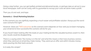 Going a step further, you can get leaflets printed and delivered locally, or perhaps take an ad out in your
local newspaper, both can be costly with no guarantee to recoup your costs let alone make a profit.
Then you sit and wait, and hope.
Scenario 2 – Email Marketing Solution
In this scenario you are rightfully expecting a much easier and profitable solution. Always put the worst
case scenario first right?
However, there are TWO outcomes to this scenario and it depends on how well you’ve been managing
your email list to how successful this scenario will be for you.
If you haven’t been looking after the leads on your mailing list like the valuable business asset it is, then
your results could be disappointing.
There is a saying online “the money is in the list” and what this means is that many business owners,
when they send out an email they make money. They send out an offer and within minutes money
starts pouring into their bank account.
Is it really this simple?
15
 