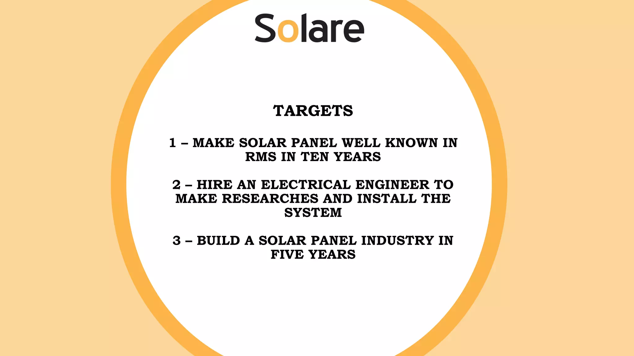 TARGETS
1 – MAKE SOLAR PANEL WELL KNOWN IN
RMS IN TEN YEARS
2 – HIRE AN ELECTRICAL ENGINEER TO
MAKE RESEARCHES AND INSTALL THE
SYSTEM
3 – BUILD A SOLAR PANEL INDUSTRY IN
FIVE YEARS
 