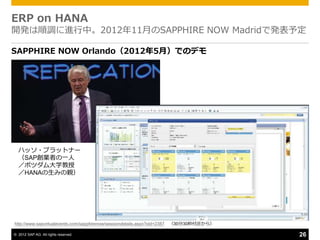 ERP on HANA
開発は順調に進行中。2012年11月のSAPPHIRE NOW Madridで発表予定

SAPPHIRE NOW Orlando（2012年5月）でのデモ




  ハッソ・プラットナー
  （SAP創業者の一人
  ／ポツダム大学教授
  ／HANAの生みの親）




http://www.sapvirtualevents.com/sapphirenow/sessiondetails.aspx?sId=2387   （30分30秒付近から）

© 2012 SAP AG. All rights reserved.                                                       26
 