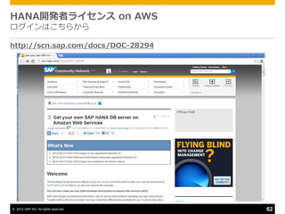 HANA開発者ラ゗センス on AWS
ログ゗ンはこちらから

http://scn.sap.com/docs/DOC-28294




© 2012 SAP AG. All rights reserved.   62
 