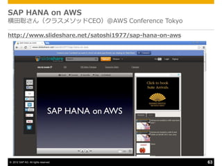 SAP HANA on AWS
横田聡さん（クラスメソッドCEO）＠AWS Conference Tokyo

http://www.slideshare.net/satoshi1977/sap-hana-on-aws




© 2012 SAP AG. All rights reserved.                     63
 