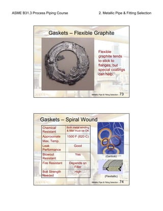 ASME B31.3 Process Piping Course 2. Metallic Pipe & Fitting Selection
Metallic Pipe & Fitting Selection - 73
Gaskets – Flexible Graphite
Flexible
graphite tends
to stick to
flanges, but
special coatings
can help.
Metallic Pipe & Fitting Selection - 74
Gaskets – Spiral Wound
HighBolt Strength
Depends on
Filler
Fire Resistant
YesBlowout
Resistant
GoodLeak
Performance
1500ºF (820ºC)Approximate
Max. Temp.
Both metal winding
& filler must be OK
Chemical
Resistant
(Garlock)
(Flexitallic)Needed
 