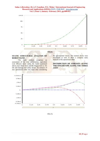Suhas A.Rewatkar, Dr.A.V.Vanalkar, P.G. Mehar / International Journal of Engineering
            Research and Applications (IJERA) ISSN: 2248-9622 www.ijera.com
                    Vol. 3, Issue 1, January -February 2013, pp.008-012




                                                        FIG(4)

STATIC STRUCTURAL ANALYSIS OF                                     the gravitational forces. The inertial forces were
ROBOT HAND                                                        introduced as well, to show a complete static
         The static analysis comprises an                         analysis of the operational robot.
assessment of the total deformation, equivalent
(von Misses) stress under the loads mentioned                     DISTRIBUTION OF STRESSES ALONG
above, max shear stress and the fatigue tool i.e. for             THE FINGER TIPS ALONG THE THREE
life and damage and safety factor. An analysis of                 AXES
non operational robot was done only considering




                                                        FIG (5)




                                                                                                       10 | P a g e
 