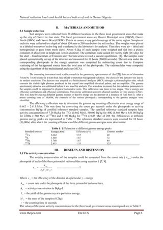 Natural radiation levels and health hazard indices of soil in Owerri Nigeria
www.theijes.com The IJES Page 6
II. MATERIALS AND METHOD
2.1 Sample collection
Soil samples were collected from 30 different locations in the three local government areas that make
up the city of Owerri in Imo state. The local government areas are Owerri Municipal area (OWM), Owerri
North (OWN) and Owerri West (OWW). This is to ensure a very good coverage of the entire region. Samples at
each site were collected to a depth of about 150 mm to 200 mm below the soil surface. The samples were placed
in a labeled waterproof nylon bag and transferred to the laboratory for analysis. Then they were air – dried and
homogenized to pass 1mm mesh sieve. About 0.2kg of each sample were weighed and fed into a plastic
container of about 8cm in height and 7cm in diameter. The containers were sealed for twenty eight (28) days for
the short – lived members of Uranium and Thorium series to reach a secular equilibrium [8]. The samples were
placed symmetrically on top of the detector and measured for 10 hours (36000 seconds). The net area under the
corresponding photopeaks in the energy spectrum was computed by subtracting count due to Compton
scattering of the background source from the total area of the photopeaks. The radionuclides were computed
using the algorithm of the multichannel analyzer (MCA).
The measuring instrument used in this research is the gamma ray spectrometer of detector of dimension
7.6cm by 7.6cm housed in a 6cm thick lead shield to minimize background radiation. The choice of the detector was due to
its modest resolution. The detector was coupled to a Multichannel Analyzer (MCA) through a photomultiplier tube, which
converts the visible light photons produced in the crystal into amplified electrical pulses, and an amplifier. The gamma
spectrometry detector was calibrated before it was used for analysis. This was done to ensure that the radiation parameters in
the samples could be expressed in physical radiometric units. This calibration was done in two stages. This is energy and
efficiency calibrations and efficiency calibrations. The energy calibration converts channel numbers to γ-ray energy in Mev.
This was done by placing different gamma sources of known energy on the detector at a distance of 7cm from it. After a
preset counting time of 36,000s, the channels of the various photopeaks corresponding to the gamma energies were
identified.
The efficiency calibration was to determine the gamma ray counting efficiencies over energy range of
0.662 – 2.615 Mev. This was done by converting the count per seconds under the photopeaks to activity
concentration Bq/kg of certified reference standard samples. The certified reference standard samples have
activity concentrations of 7.24 Bq/kg for 137
Cs (0.662 Mev), 510.00 Bq/kg for 40K (1.460 Mev), 631.00 Bq/kg
for 226Ra (1760 Mev of 214
Bi) and 11.00 Bq/kg for 232
Th (2.615 Mev of 208 Ti). Efficiencies at different
gamma energy peaks are represented in Table 1. The reference standard sources were counted for 10 hours
(36,000s) after which the counting efficiencies of the different gamma energies were determined
Table 1: Efficiencies at different gamma energy peaks
Standard sources Energy( ) Efficiency (%) Channel number
137
Cs 0.662 5.57 40
40
K 1.460 1.87 72
226
Ra 1.760 1.67 84
232
Th 2.615 1.35 125
III. RESULTS AND DISCUSSION
3.1 The activity concentration
The activity concentration of the samples could be computed from the count rate ( net
A ) under the
photopeak of each of the three primordial radionuclides using equation 1 [7, 9].
tMYA
A
SS
net


  …………………….1
Where 
 = the efficiency of the detector at a particular γ – energy
net
A = count rate under the photopeak of the three primordial radionuclides,
s
A = activity concentration in Bqkg-1

Y = the yield of the gamma ray at a particular energy,
s
M = the mass of the samples (0.2kg)
t = the counting time in seconds.
The values of the mean activity concentrations for the three local government areas investigated are in Table 2
 