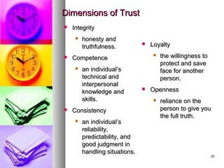 2323
Dimensions of TrustDimensions of Trust
 IntegrityIntegrity
 honesty andhonesty and
truthfulness.truthfulness.
 CompetenceCompetence
 an individual’san individual’s
technical andtechnical and
interpersonalinterpersonal
knowledge andknowledge and
skills.skills.
 ConsistencyConsistency
 an individual’san individual’s
reliability,reliability,
predictability, andpredictability, and
good judgment ingood judgment in
handling situations.handling situations.
 LoyaltyLoyalty
 the willingness tothe willingness to
protect and saveprotect and save
face for anotherface for another
person.person.
 OpennessOpenness
 reliance on thereliance on the
person to give youperson to give you
the full truth.the full truth.
 