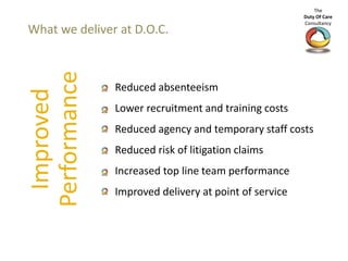 Improved
Performance
What we deliver at D.O.C.
Reduced absenteeism
Lower recruitment and training costs
Reduced agency and...