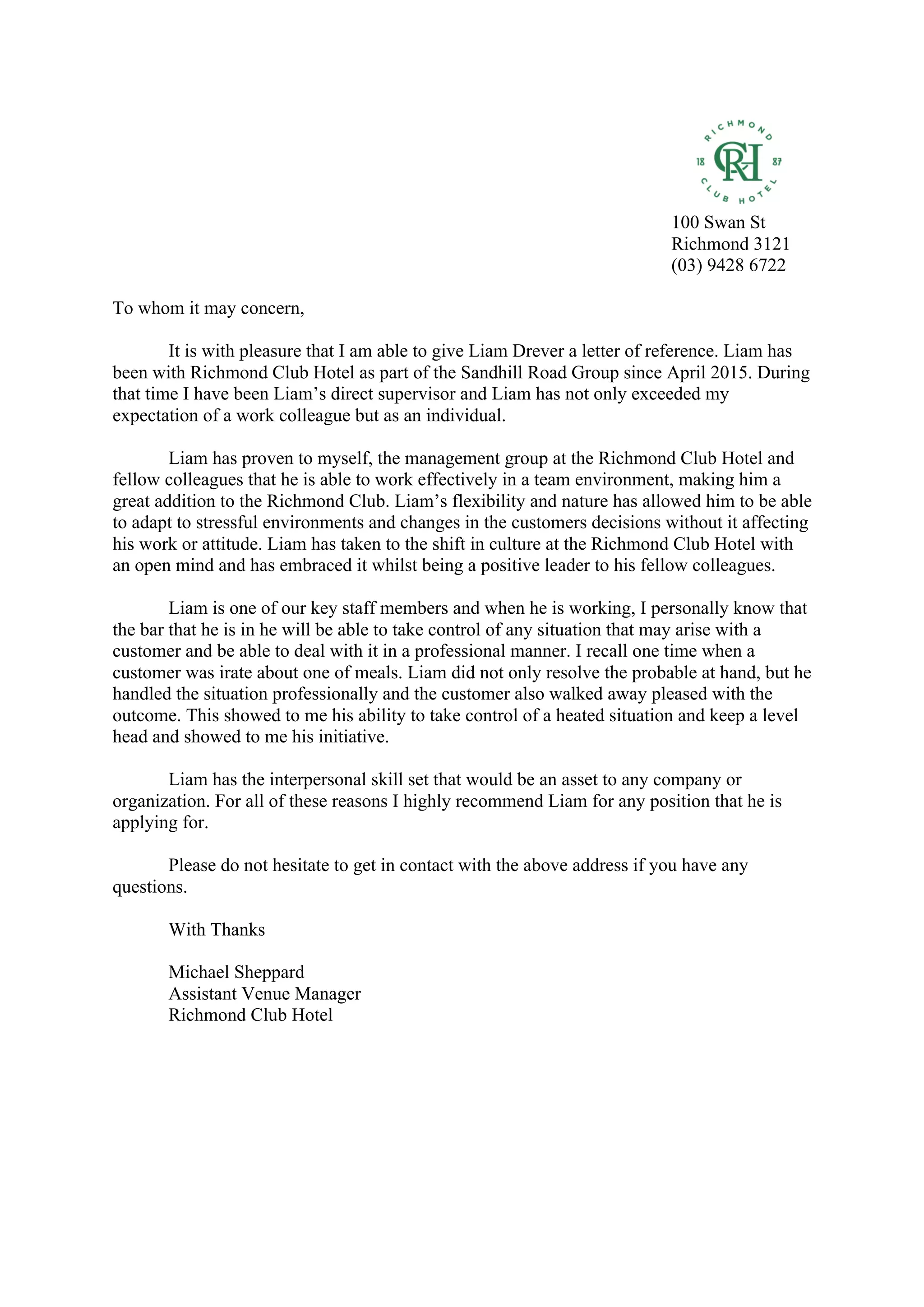 Richmond Club Hotel Reference | PDF