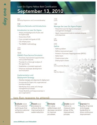 Lean Six Sigma Yellow Belt Certiﬁcation
day one
              September 13, 2010
              8:00                                                      12:00
              Workshop Registration and Continental Breakfast           Lunch

              9:00                                                      1:00
              Welcome Remarks and Introductions                         Manage the Lean Six Sigma Project
                                                                          Streamline Lean Six Sigma and project
              Introduction to Lean Six Sigma                              management strategies
                History and background of Lean and                        Apply measurement tools to evaluate projects
                Six Sigma (LSS)                                           and objectives
                Outcomes of LSS
                Core concepts and goals of LSS                          2:30
                                                                        Break
                LSS infrastructure
                The DMAIC methodology                                   2:45
                                                                        Deﬁne
              10:30
              Break                                                       Deﬁne problem
                                                                          Deﬁne improvement goal
              10:45                                                       Initiation of process mapping process (SIPOC)
              DMAIC-Pizza Service Simulation                              Select team
                Prioritizes improvement opportunities                     Create project plan
                and countermeasures
                                                                          Draft project charter
                Provides for a thorough analysis of
                the opportunity                                         3:30
                Establishes a consistent approach                       Summary & Daily Wrap Up

                Enhances employee development
                and motivation                                          4:00
                                                                        Day One Adjourns

              Implementation and
              Deployment Strategy
                Develop strategies and objectives for deployment
                Incorporate Six Sigma into organizational
                business strategy
                Identify key focus areas and change
                management processes
                Create ﬂexibility and responsiveness in
                your organization


          top ﬁve reasons to attend:
           Evaluate voice            Dissect your               Eliminate               Create sound          Improve the
           of the customer           processes to               non-value               metrics to            quality of service
           techniques that           achieve dramatic           added steps and         measure every         and engage
           enhance customer          improvements in            decrease variation      phase of the          leadership to
           satisfaction              waste reduction            to improve              improvement           drive continuous
                                                                processes               process               improvement



4         www.ASMIweb.com/YellowBelt
 