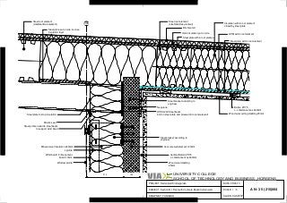 CA5
270 120
PROJECT:
SUBJECT:
DRAWN BY:
SCALE:
CLASS:
DATE:
UNIVERSITY COLLEGE
SCHOOL OF TECHNOLOGY AND BUSINESS -
1 : 5
Hedensted Kindergarden
Section B-1 Roof with Concrete Beam/Curtain wall
YUNI MAO
05/05/13
A N - 3 5 (215)004
CASH73P
HORSENS
Bitumen felt
Hard insulation put on site
Steel roof element
(LikeSkanDek element)
Insulation within roof element
closed by steel plate
Steel plate within roof element
Steel bracket according to
engineer
DPM within roof element
Steel plate within roof element
Batten 25*75
c-c disctance max.600mm
Wood wool ceiling cladding 25mm
Vertical Batten 25*75
c-c disctance max.600mm
Wood wool cladding
25mm
Concrete wall element 120mm
Steel bracket according to
engineer
Mineral wool Insulation 240mm
L profile
Wind board -Fibre cement
board 10mm
Window profile
Steel profile nailed to steel beam
to support wind boad
Neoprene
HPE A200 Steel beam
bolt on steel plate and screwed into concrete wallSteel plate to stop insulation
Mastic seal
Steel roof element
(LikeSkanDek element)
Steel plate put on site to close
insulation layer
PRODUCED BY AN AUTODESK STUDENT PRODUCT
PRODUCEDBYANAUTODESKSTUDENTPRODUCT
PRODUCEDBYANAUTODESKSTUDENTPRODUCT
PRODUCEDBYANAUTODESKSTUDENTPRODUCT
 