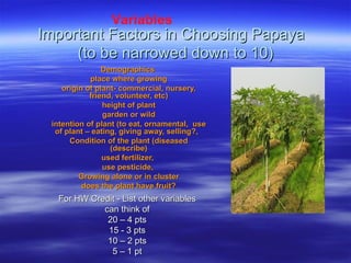 Variables
Important Factors in Choosing Papaya
     (to be narrowed down to 10)
                Demographics
            place where growing
    origin of plant- commercial, nursery,
            friend, volunteer, etc)
                height of plant
                garden or wild
 intention of plant (to eat, ornamental, use
  of plant – eating, giving away, selling?,
      Condition of the plant (diseased
                  (describe)
                used fertilizer,
                use pesticide,
         Growing alone or in cluster
          does the plant have fruit?
  For HW Credit - List other variables
            can think of
             20 – 4 pts
             15 - 3 pts
             10 – 2 pts
              5 – 1 pt
 