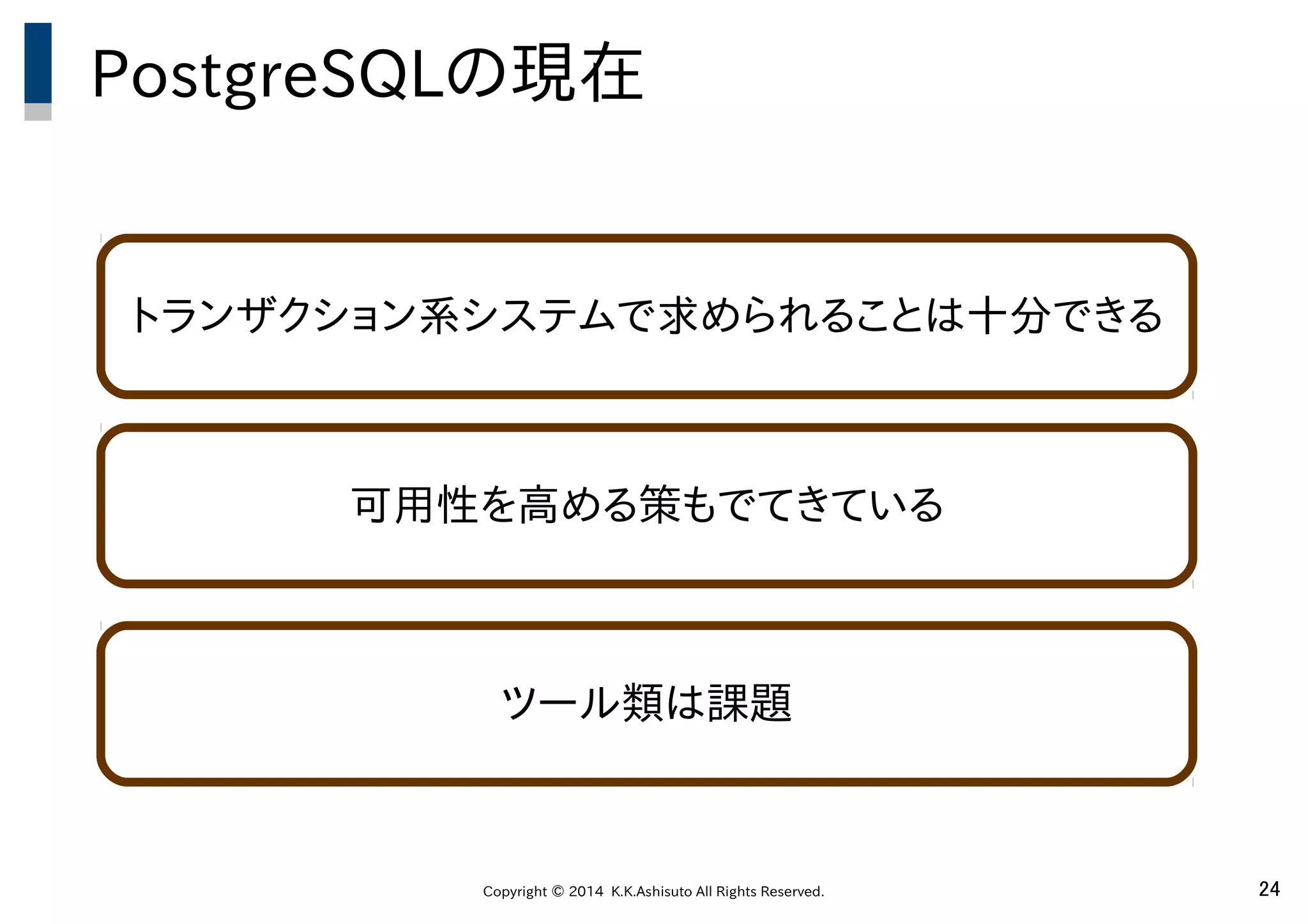 Copyright © 2014 K.K.Ashisuto All Rights Reserved. 24
PostgreSQLの現在
トランザクション系システムで求められることは十分できる
可用性を高める策もでてきている
ツール類は課題
 