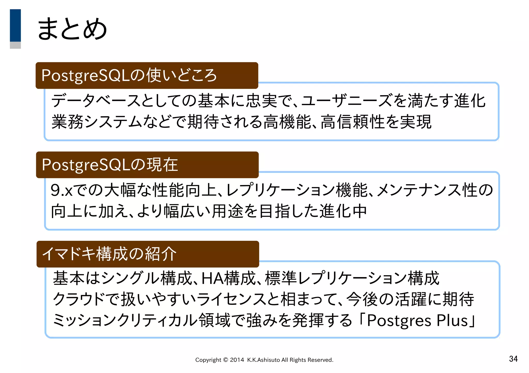 Copyright © 2014 K.K.Ashisuto All Rights Reserved. 34
データベースとしての基本に忠実で、ユーザニーズを満たす進化
業務システムなどで期待される高機能、高信頼性を実現
まとめ
PostgreSQLの使いどころ
9.xでの大幅な性能向上、レプリケーション機能、メンテナンス性の
向上に加え、より幅広い用途を目指した進化中
PostgreSQLの現在
基本はシングル構成、HA構成、標準レプリケーション構成
クラウドで扱いやすいライセンスと相まって、今後の活躍に期待
ミッションクリティカル領域で強みを発揮する 「Postgres Plus」
イマドキ構成の紹介
 