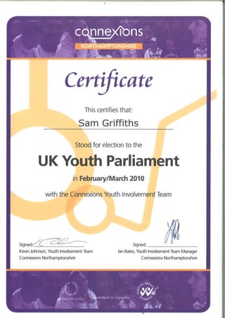 Youth Parliament Certificate