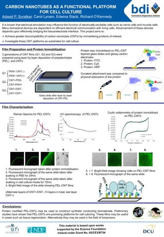 CARBON NANOTUBES AS A FUNCTIONAL PLATFORM
FOR CELL CULTURE
Adwait P. Suratkar, Carol Lynam, Edwina Stack, Richard O’Kennedy
It is known that electrical stimulation may influence the function of electrically excitable cells such as nerve cells and muscle cells.
Many biomedical devices are dependent on efficient electrical communication with living cells. Advancement of these devices
depends upon effectively bridging the tissue/electrode interface. This project aims to:
 Achieve greater biocompatibility of carbon nanotubes (CNTs) by immobilising proteins of interest
 Investigate these CNT platforms as substrates for cell culture
PEM / CNT( -)
PEM / CNT(+)
CNT+/PSS-
CNT-/PAH+
CNT+/CNT-
CNT-/CNT+
Film Preparation and Protein Immobilization
3 generations of CNT films (G1, G2 and G3) were
prepared using layer by layer deposition of polyelectrolyte
(PEL) and CNTs
Film Characterisation
Raman Spectra for PEL-CNTs
Cyclic voltammetry of protein immobilized
on PEL-CNTs
UV spectroscopy of PEL-CNTs
1. Fluorescent micrograph taken after protein immobilisation
2. Fluorescent micrograph of the same slide taken after
soaking in PBS for 24hrs
3. Fluorescent micrograph of the same slide taken after
soaking in cell culture media for 72hrs
4. Bright field image of the slide showing PEL-CNT films.
(Alternate layers of CNT+/CNT-,13 layers in total, last layer
CNT+)
5. 6. 7. 8.
Conclusions:
Protein modified PEL-CNTs may be used to construct synthetic conducting biomaterials. Preliminary
studies have shown that PEL-CNTs are promising platforms for cell culturing. These films may be useful
in areas such as tissue regeneration. Alternatively they may be used in the field of biosensors.
1. 2. 3. 4.
Protein was immobilised on PEL-CNT
layered glass slides and glassy carbon
electrodes :
1. Protein- FITC
2. Protein- Cy5
3. Protein- HRP
Covalent attachment was compared to
physical adsorption of the protein
G1
G2
G3
HeLa
cells
5. + 7. Bright field image showing cells on PEL-CNT films
6. + 8. Fluorescent micrograph of the same slide
- -FITC
/Cy5
Glass slide after layer by layer
deposition of CNT-PEL
- -HRP
0.E+00
5.E+04
1.E+05
2.E+05
2.E+05
3.E+05
3.E+05
4.E+05
4.E+05
5.E+05
150 650 1150 1650
Wavenumber (cm-1
)
Intensity(a.u.)
CNT-CNT+
CNT+CNT-
CNT+PSS-
CNT-PAH+
0
0.02
0.04
0.06
0.08
0.1
0.12
300 500 700 900 1100
Wavenumber (cm-1
)
Intensity(a.u.)
CNT+PSS-
-1.E-05
-8.E-06
-6.E-06
-4.E-06
-2.E-06
0.E+00
2.E-06
4.E-06
6.E-06
8.E-06
1.E-05
-0.6 -0.4 -0.2 0 0.2 0.4 0.6 0.8
Potential vs Ag/AgCl (V)
Current(A)
PEL-CNT-Protein-HRP
Control
 