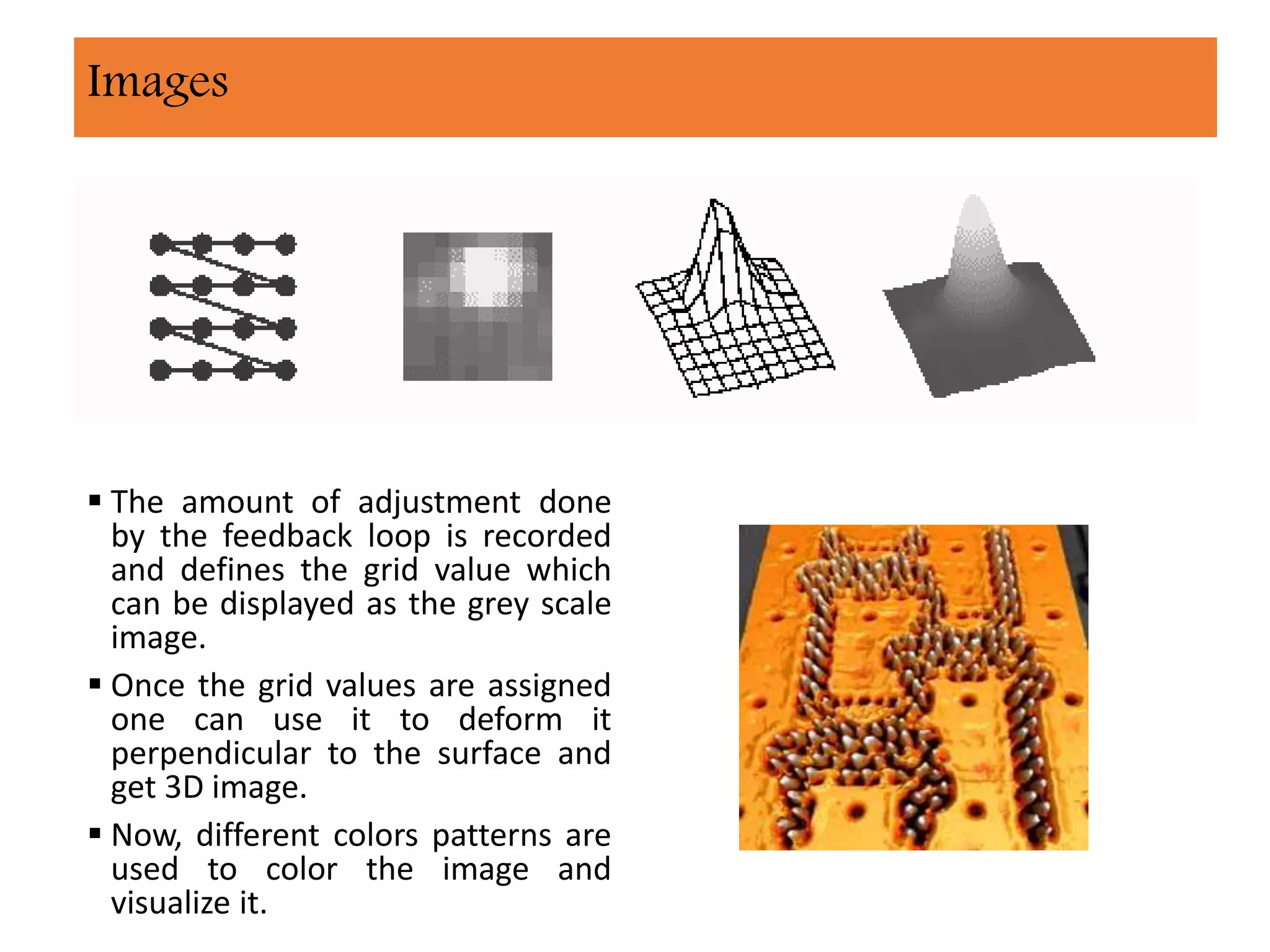 Generation of images
 The amount of adjustment done
by the feedback loop is recorded
and defines the grid value which
can be displayed as the grey scale
image.
 Once the grid values are assigned
one can use it to deform it
perpendicular to the surface and
get 3D image.
 Now, different colors patterns are
used to color the image and
visualize it.
Images
 