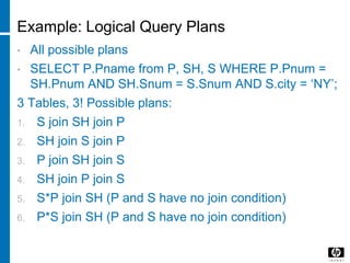 Example: Logical Query Plans
• All possible plans
• SELECT P.Pname from P, SH, S WHERE P.Pnum =
SH.Pnum AND SH.Snum = S.Snum AND S.city = ‘NY’;
3 Tables, 3! Possible plans:
1. S join SH join P
2. SH join S join P
3. P join SH join S
4. SH join P join S
5. S*P join SH (P and S have no join condition)
6. P*S join SH (P and S have no join condition)
 