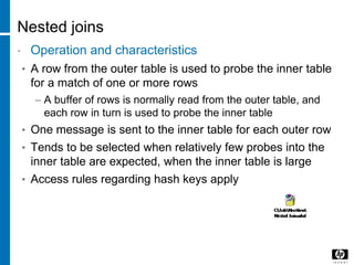 Nested joins
• Operation and characteristics
• A row from the outer table is used to probe the inner table
for a match of one or more rows
– A buffer of rows is normally read from the outer table, and
each row in turn is used to probe the inner table
• One message is sent to the inner table for each outer row
• Tends to be selected when relatively few probes into the
inner table are expected, when the inner table is large
• Access rules regarding hash keys apply
 